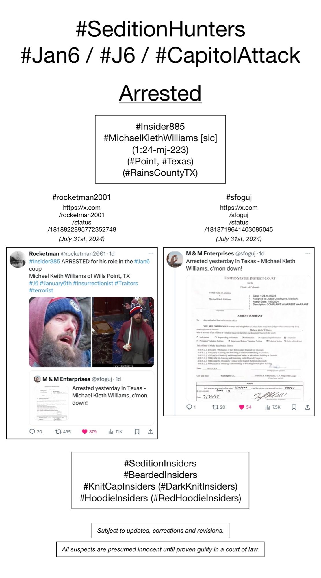 Screenshots of social media posts from #rocketman2001 & #sfoguj, pertaining to January 6th riot suspect Michael Kieth Williams (Point, Texas).