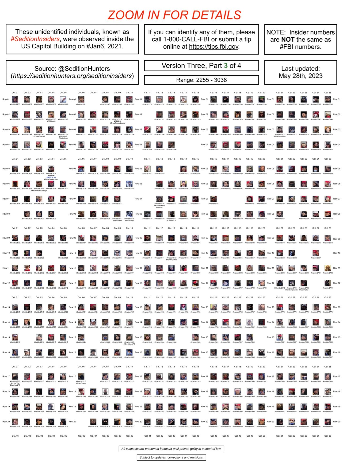 Photos of January 6th riot suspects who were observed inside the US Capitol Building (Range: 2,255 through 3,038, of 3,268) (as of May 28th, 2024).  Insider numbers are not the same thing as FBI numbers.  Posts are subject to updates, corrections and revisions.