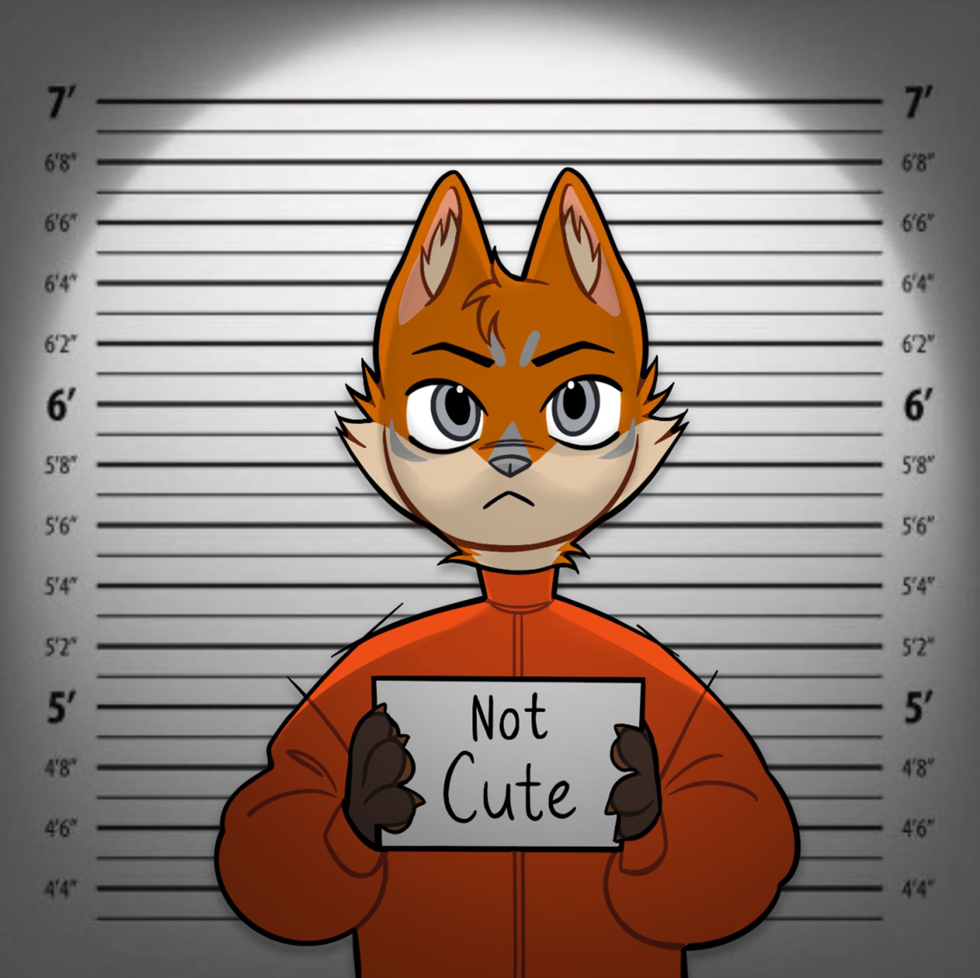 Terrence is in a criminal's jumpsuit, holding a sign that reads "Not Cute"