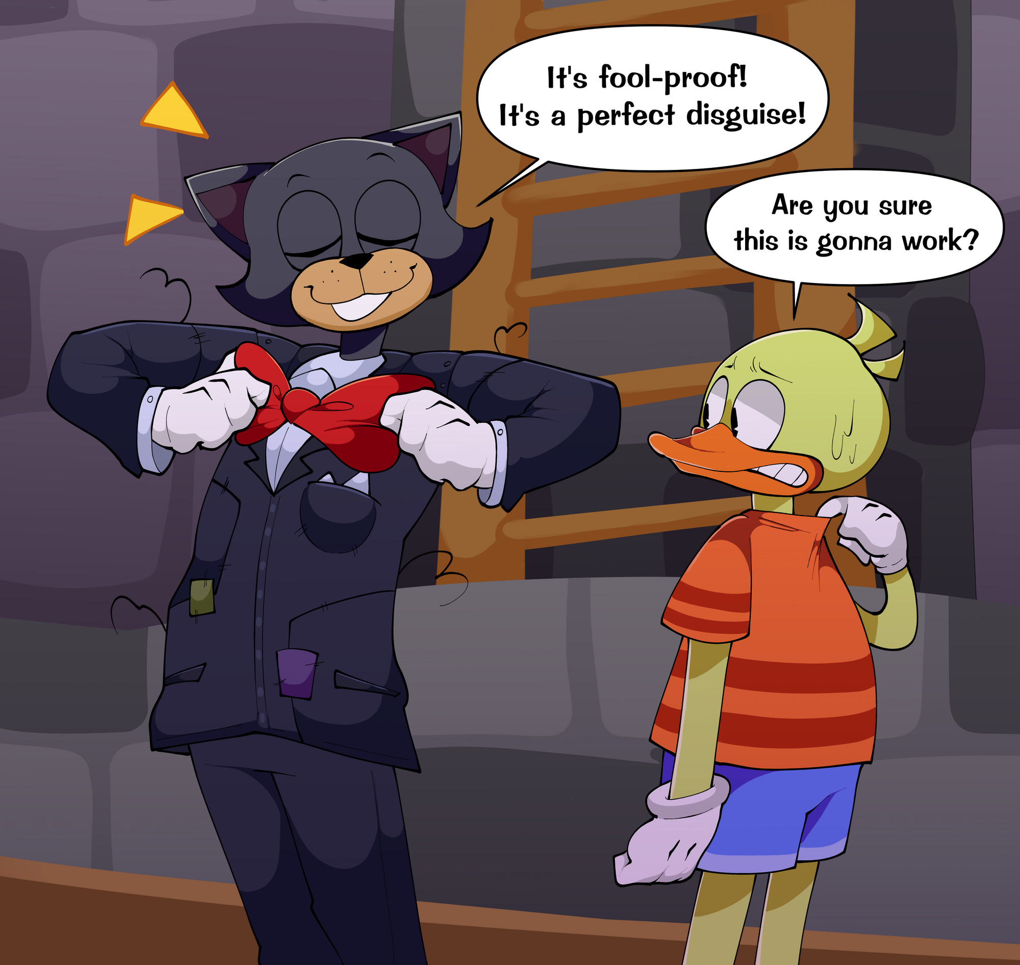 A Black Cat Toon is preparing for a Witch Hunter fight in Ye Olde Toontowne, wearing their makeshift Lawbot Disguise, with obvious patchwork in various colors clearly visible. Their friend, a yellow Duck, is concerned about the plan: "Are you sure this is gonna work?" The Black Cat replies, smugly adjusting their bow-tie: "It's fool-proof! It's a perfect disguise!"