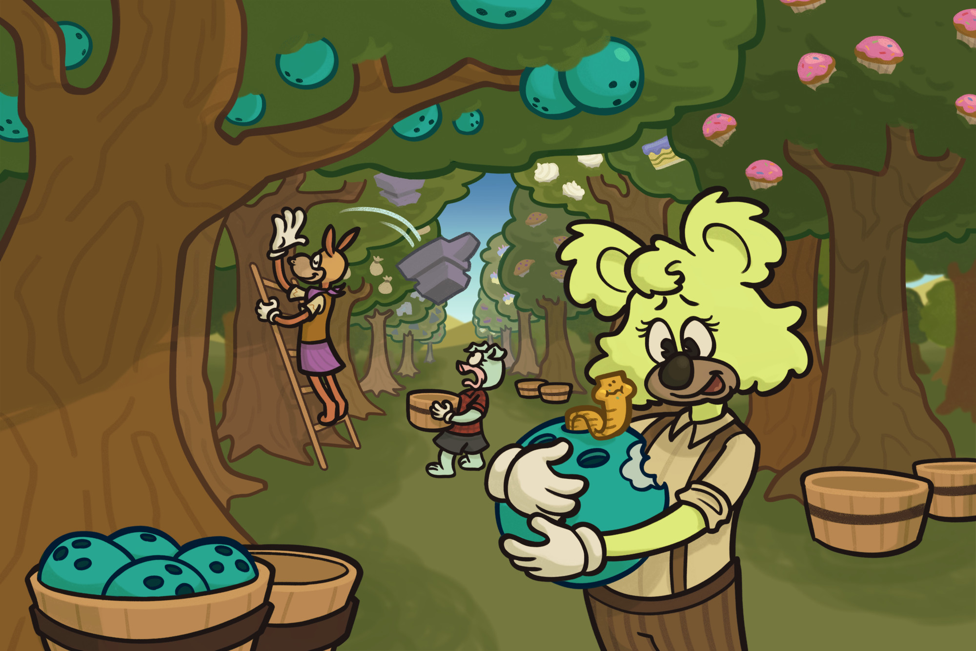 Reid Stock is standing in her organic Gag orchard holding a Bowling Ball Gag with a worm poking out of it. The worm has taken a bite out of the Bowling Ball and is chewing. Reid looks down at the worm with an adoring expression. In the background there are two Toons, a horse and a pig, picking Gags from the trees. The horse Toon is gleefully picking Anvil Gags and is carelessly tossing them back to the pig Toon. The pig Toon is holding a large wooden bucket to catch the gags. They have a frightened expression as the Anvil Gag flies towards them.