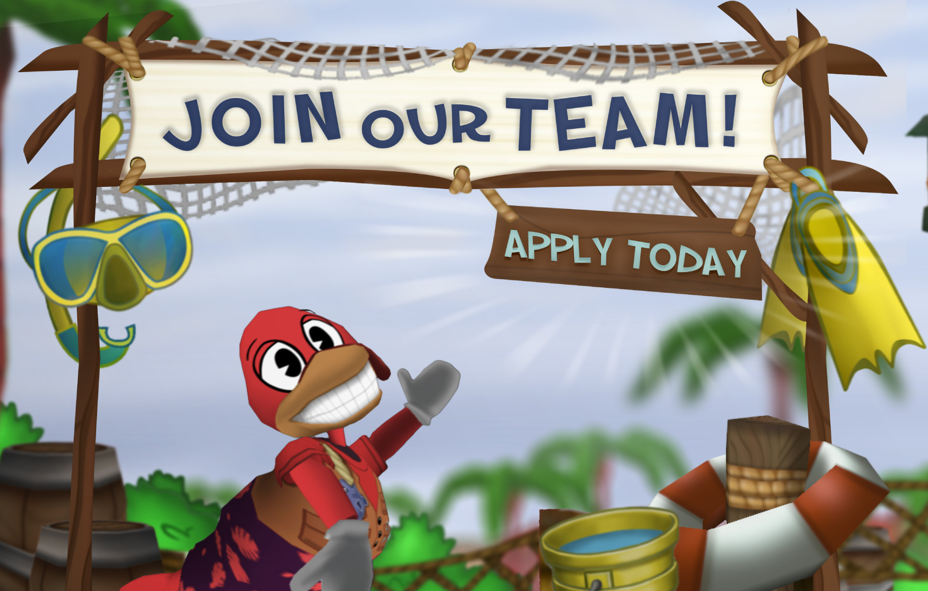 A Turkey Toon showing off a banner. The banner reads: "Join our team! Apply today"