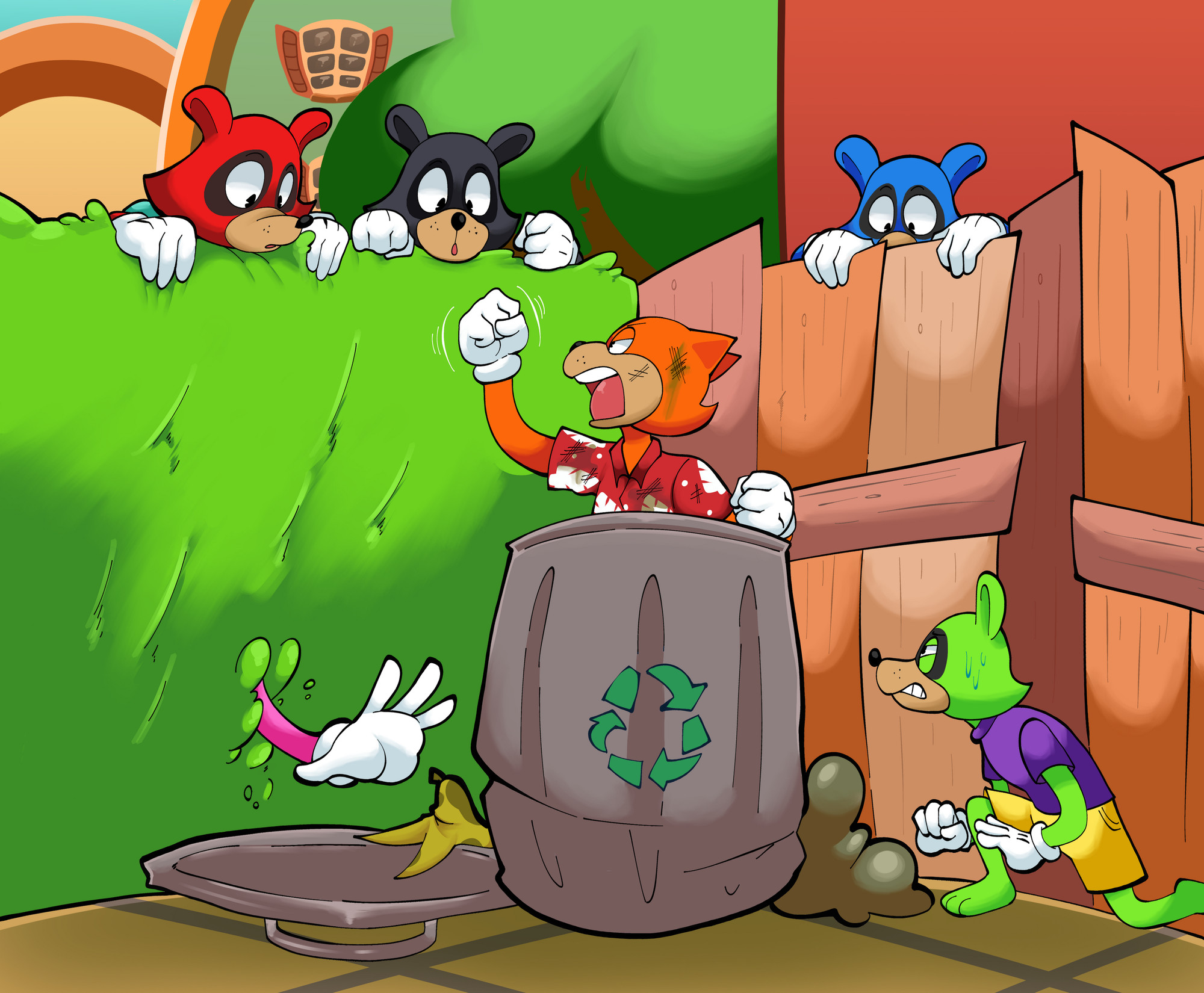 Travis shakes his fist inside his Trash Can home as a group of Raccoons play tricks and attempts to steal his garbage.