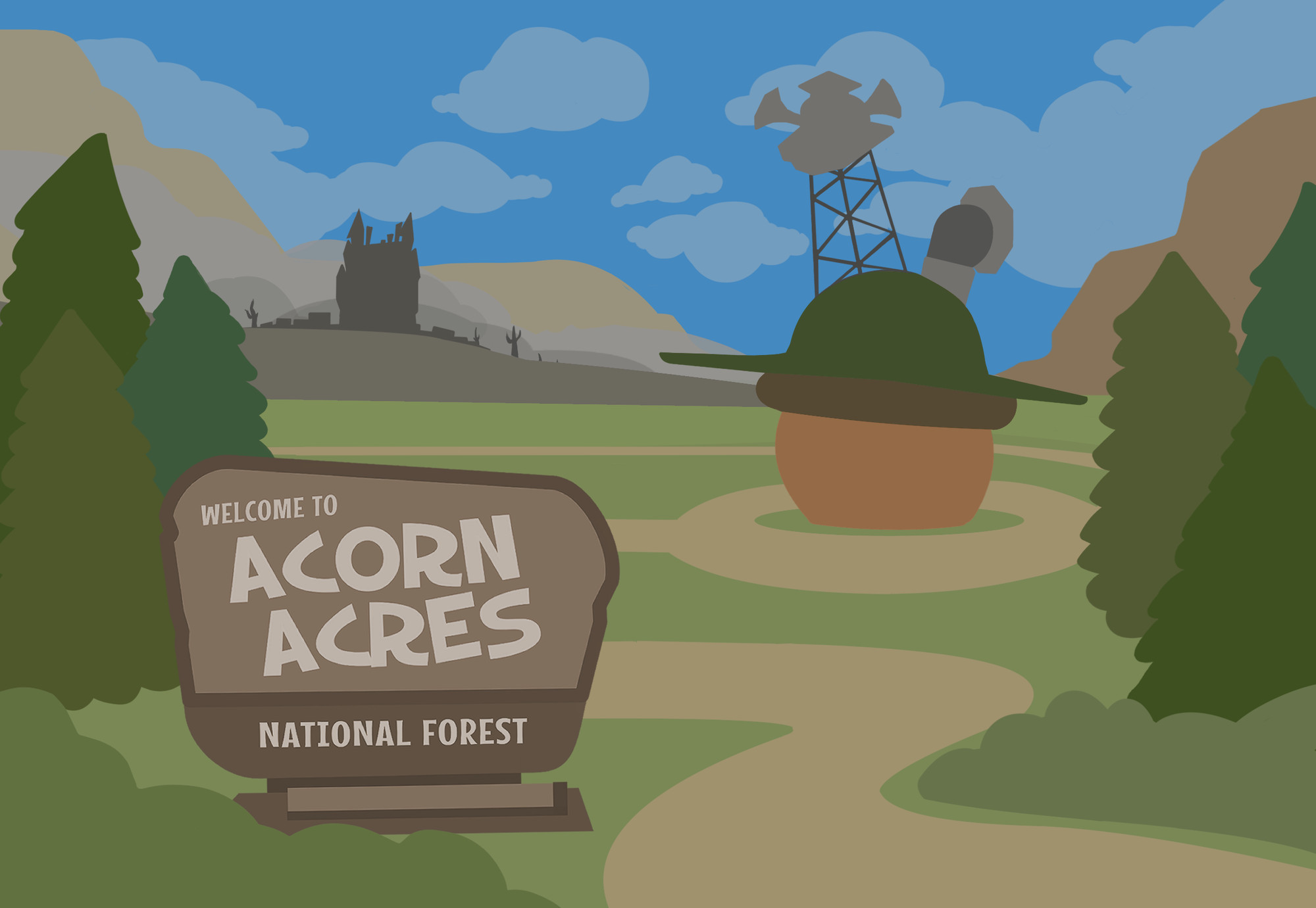 A sign in front of the Acorn Acres Toon HQ that erads: "Welcome to Acorn Acres; National Forest". The Bossbot HQ building can be seen in the background.