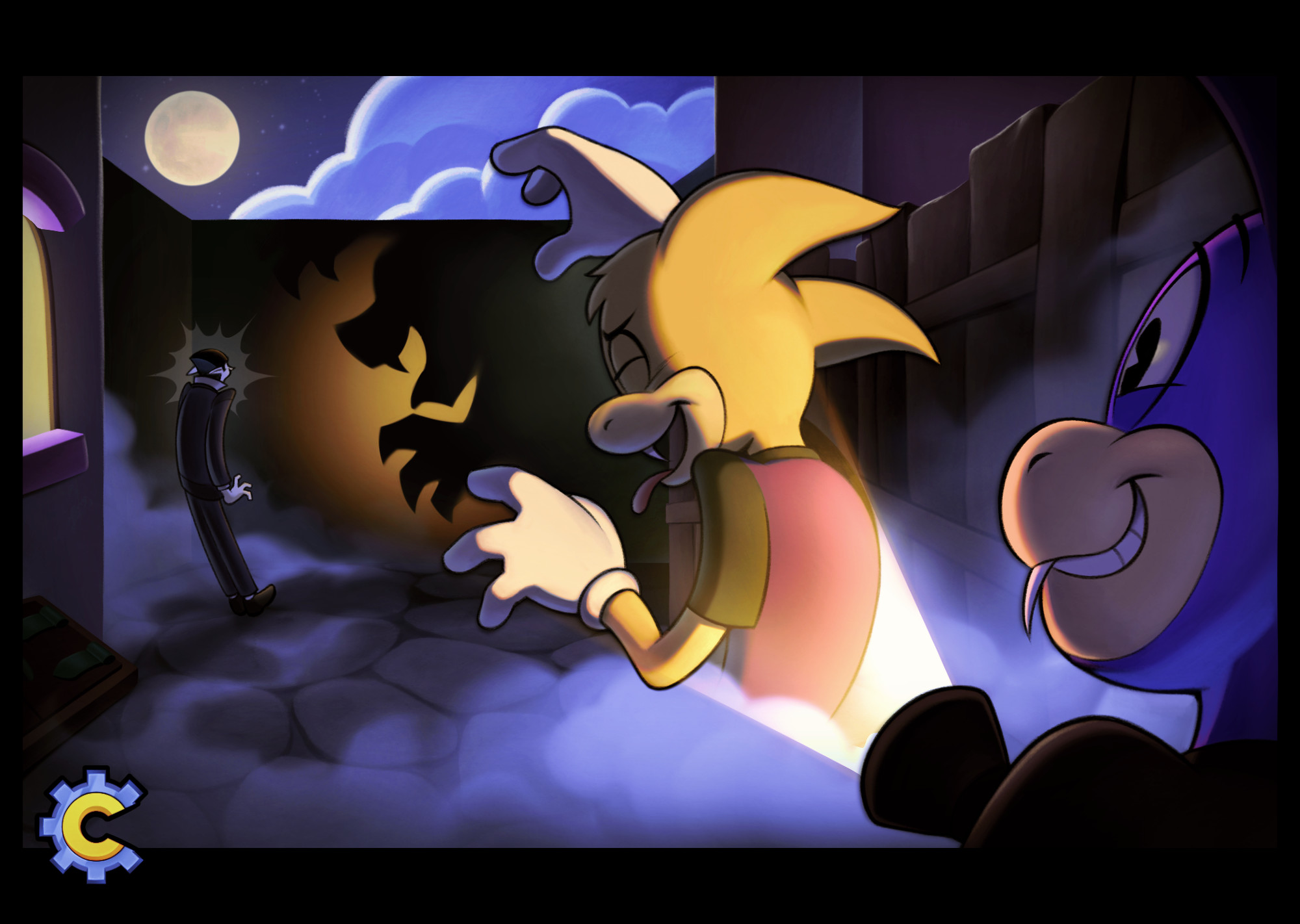   Two Bat Toons play a trick on a Bloodsucker Cog during Full Moon in Drowsy Dreamland; one Bat Toon lights a electric torch on the back of another Bat Toon who makes scary monster projections with their body. The Bloodsucker, seeing the project, is shocked.