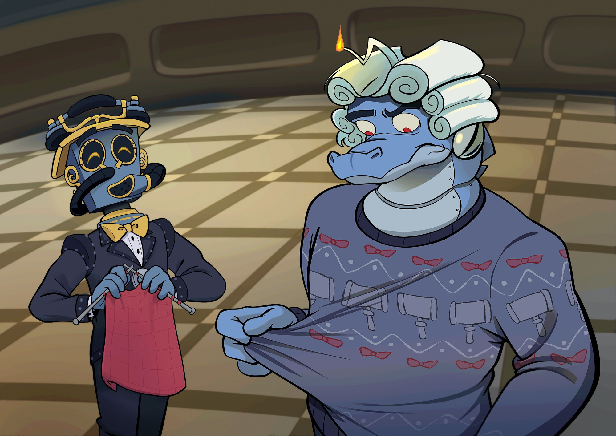 The Mouthpiece is smiling as she knits a sweater. To her right is the Litigator, who is looking down at a Lawbot-themed sweater and looking slightly confused. The two are in the Executive Lawfice.