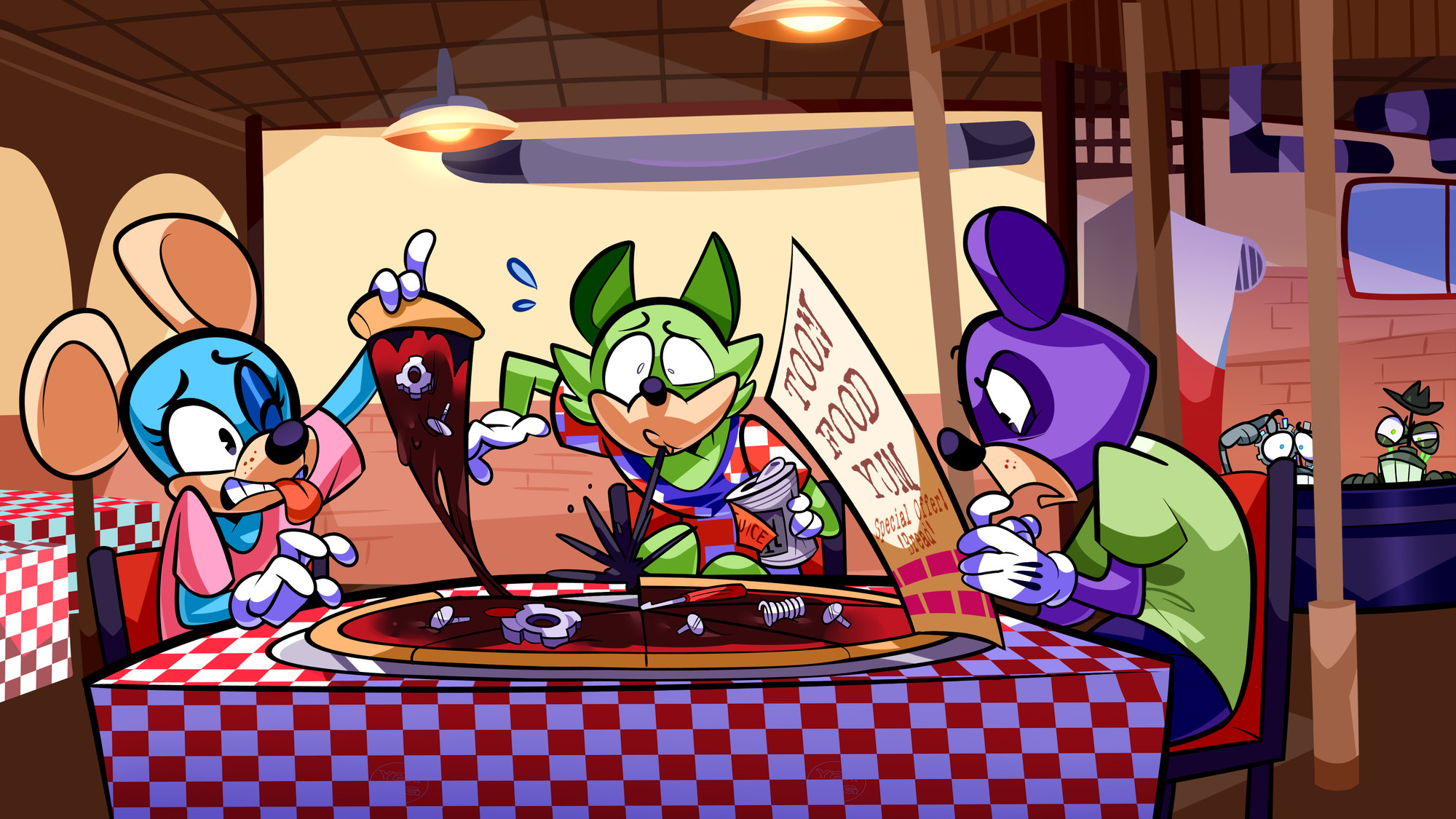 A Group of Toons being disgusted by the "pizzas" served by the Mozzarella Styx Pizzeria, which is full of gears, bolts and oil. One Toon inspects the "pizza" in disguist, another spits out their oil "drink", and another inspects the flyer which says "TOON FOOD YUM; Special Offer! 'Bread'" on it. The Satellite investors cower behind the counter in fear of their scheme being busted.