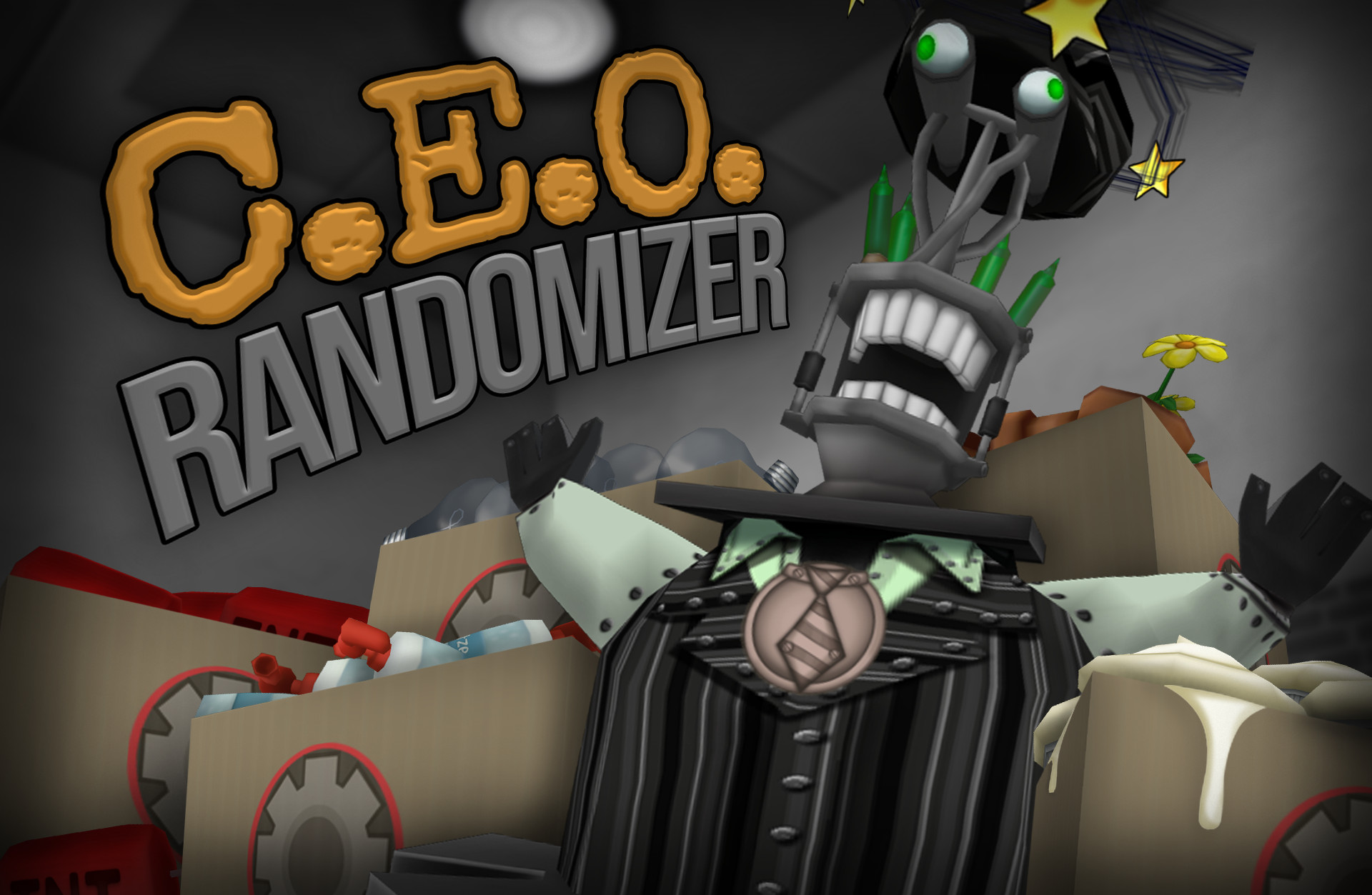 The CEO is stunned inside a room full of boxes of Gags. The text reads: C.E.OP. Randomizer