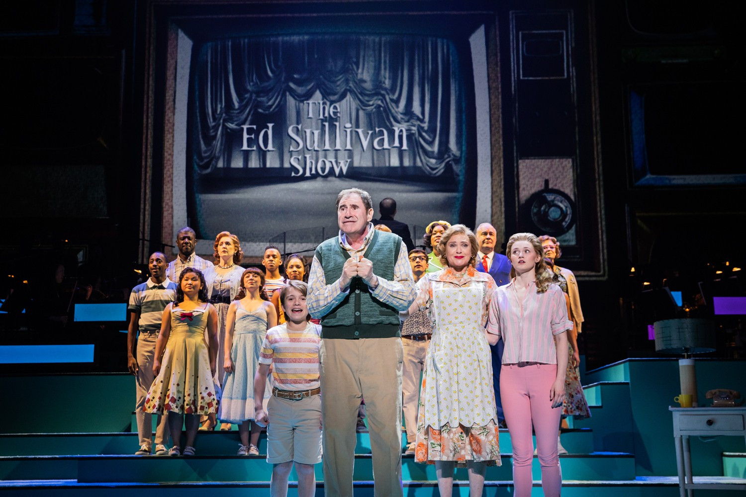 Henry Kirk as Randolph Macafee, Richard Kind as Harry Macafee, Jennifer Laura Thompson as Doris Macafee, and Ashlyn Maddox as Kim Macafee in the Kennedy Center production of "Bye Bye Birdie"