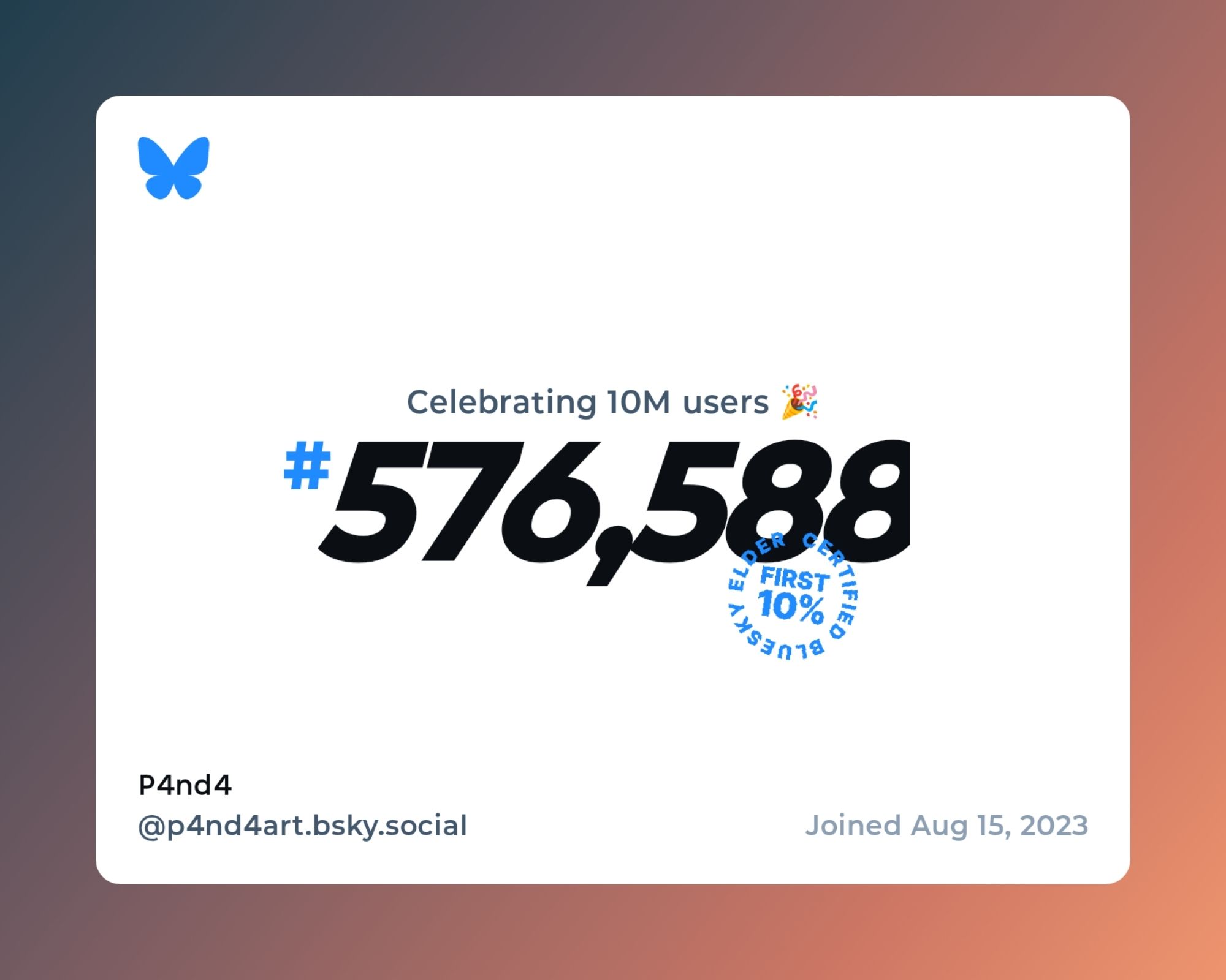 Celebrating ten million users, I was number 576,588 within the first ten percent.