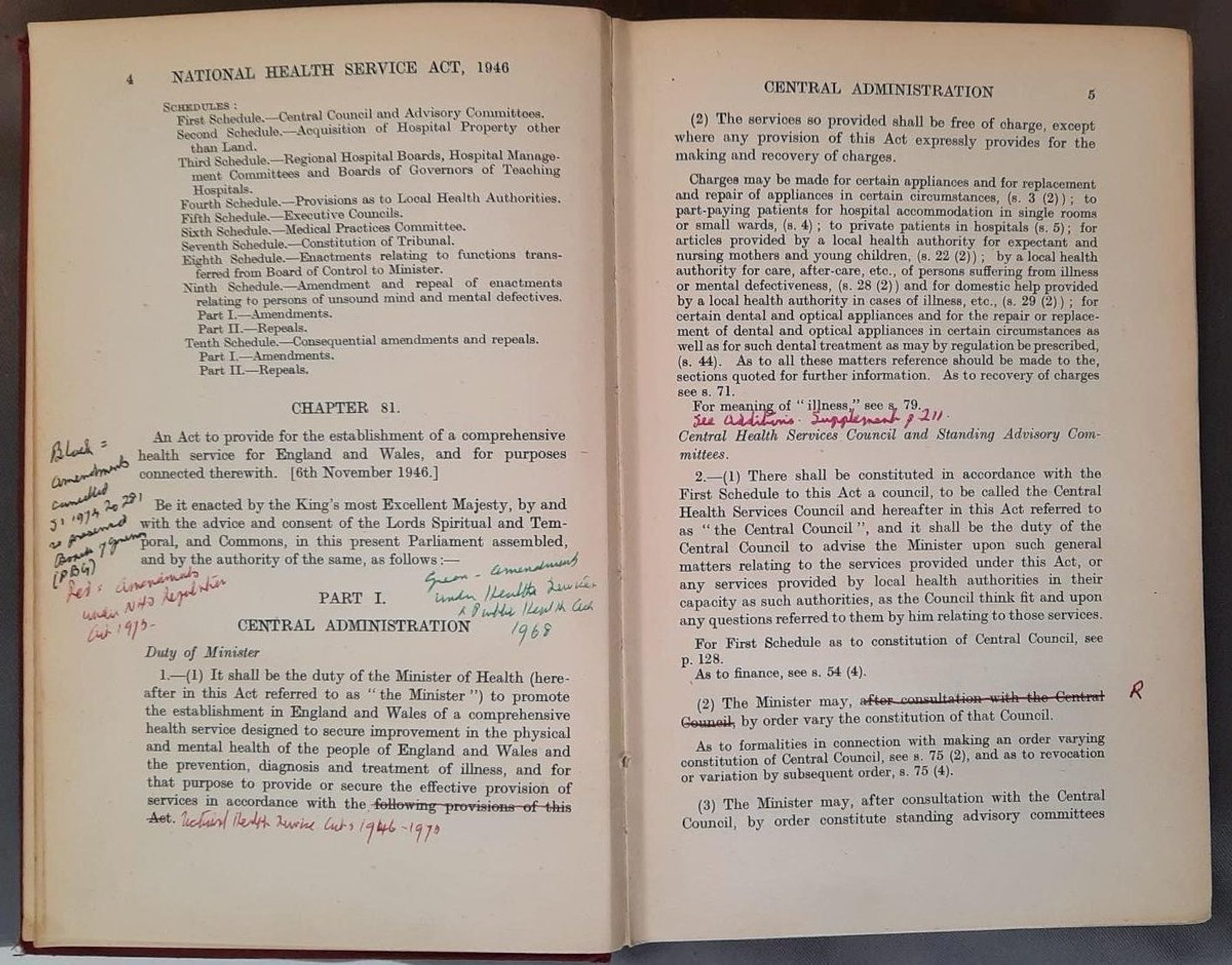 Pages from an annotated copy of The National Health Service Act formerly used in the London (now the Royal London) Hospital