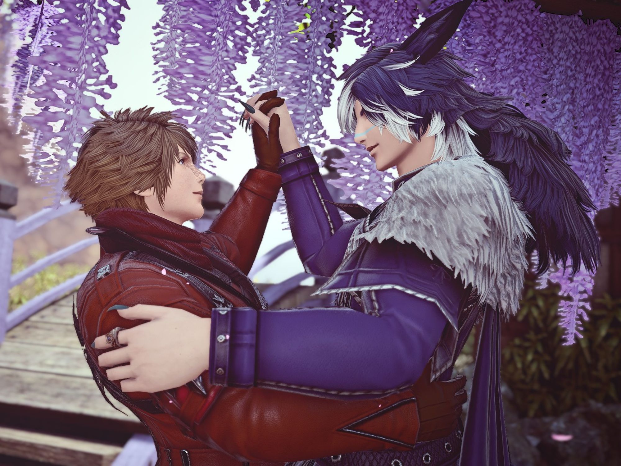 Side view of Kaito and Arius dancing under a wisteria tree.