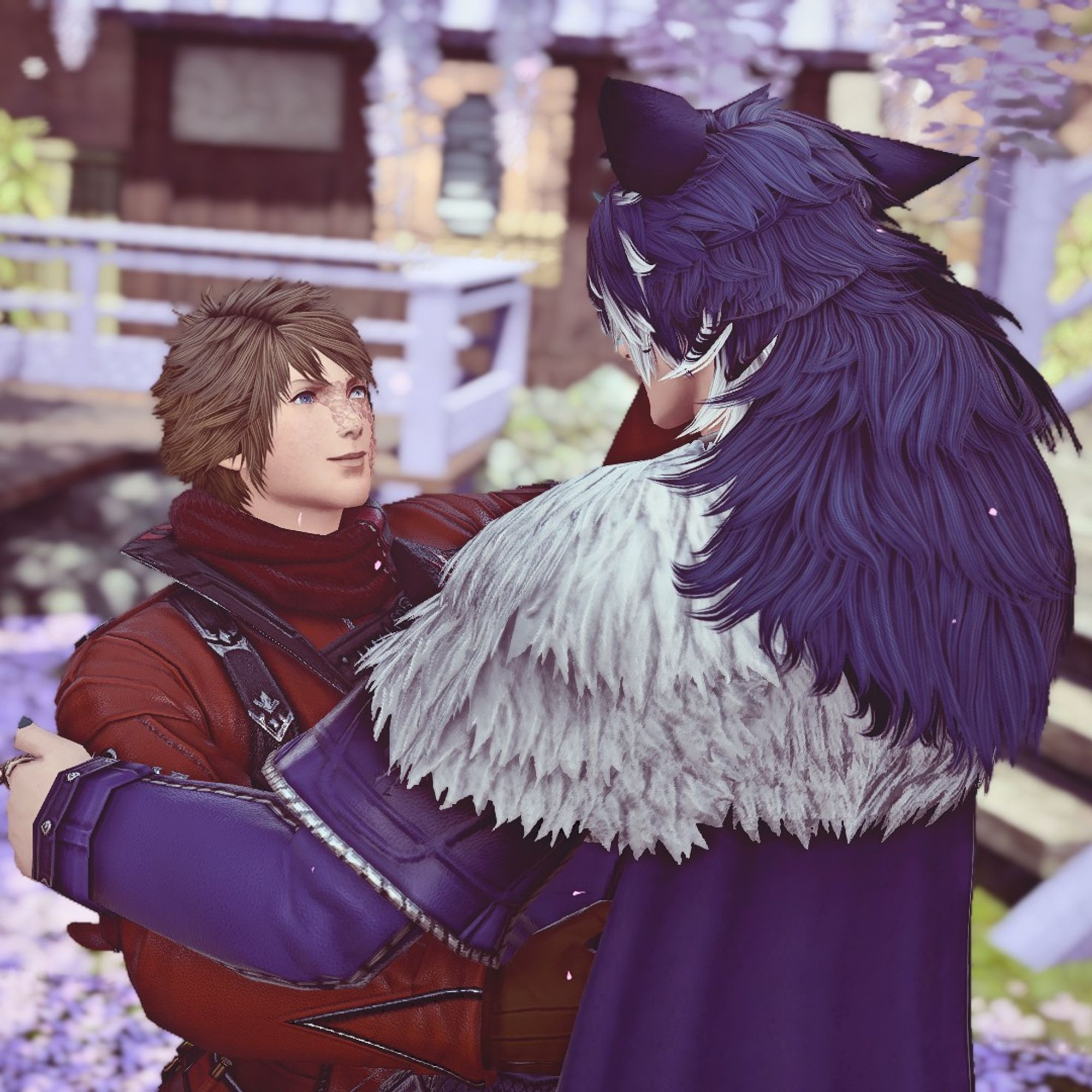 A view of Arius' face as he dances with Kaito under a wisteria tree.