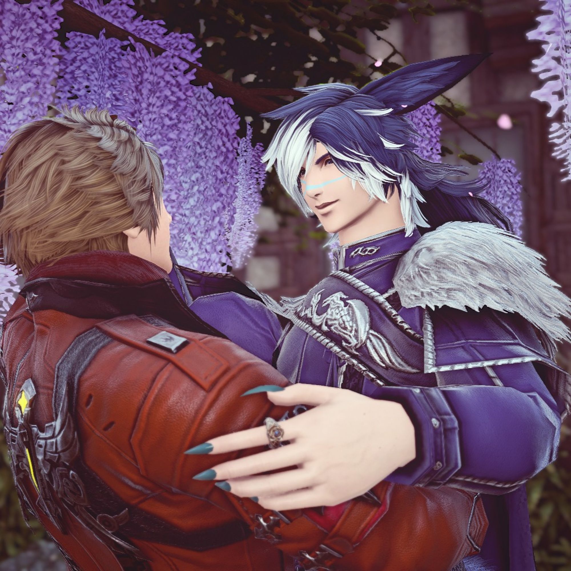 A view of Kaito's face as he dances with Arius under a wisteria tree.