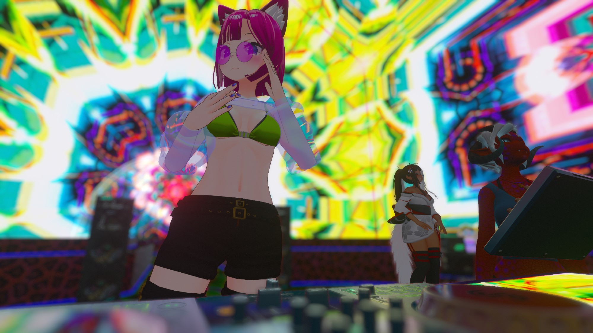 VR anime-style avatars with a backdrop of bright kaleidoscope patterns