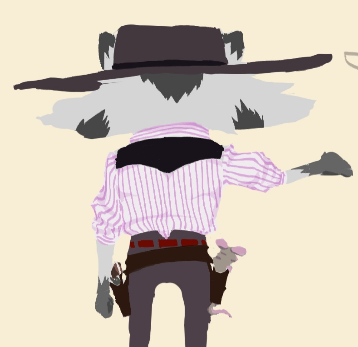 A piece of a character design sheet for a commission. It's a raccoon cowboy with a rat in his holder !
Character belongs to @Bebop757