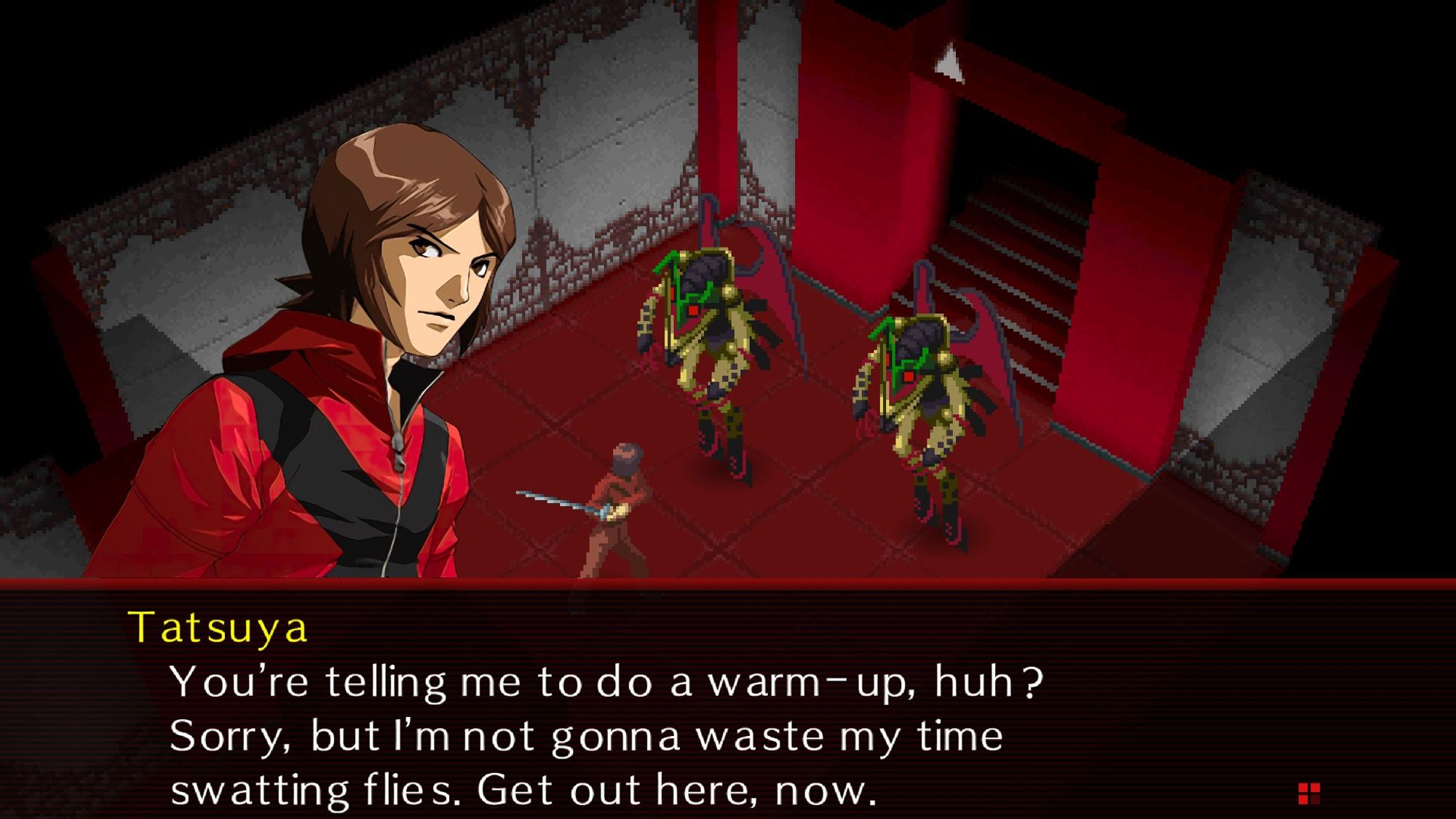 Tatsuya Suou staring down two Byakhee in Tatsuya's scenario in Persona 2: Eternal Punishment