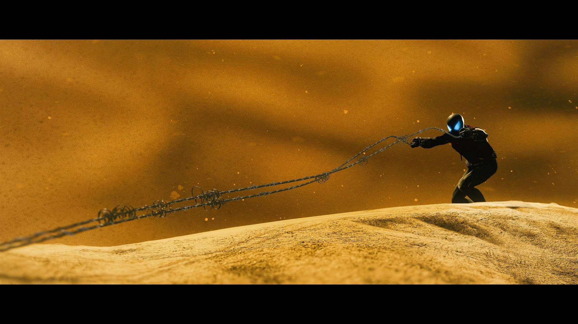 Virtual Photography image from Spider-Man 2 captured on PS5. Spider-Man stands on the right side of the image, webbing shooting towards the left of the frame.

Spider-Man is standing on a pile of sand with sand in the air, obstructing the background so it appears as though he is in a sandstorm. The position of the webbing and the framing of the image evokes Dune where the Fremen ride sandworms.

Spider-Man's eyes have been turned blue using the in-game tools, to represent how the Fremen's eyes turn blue due to Spice exposure.