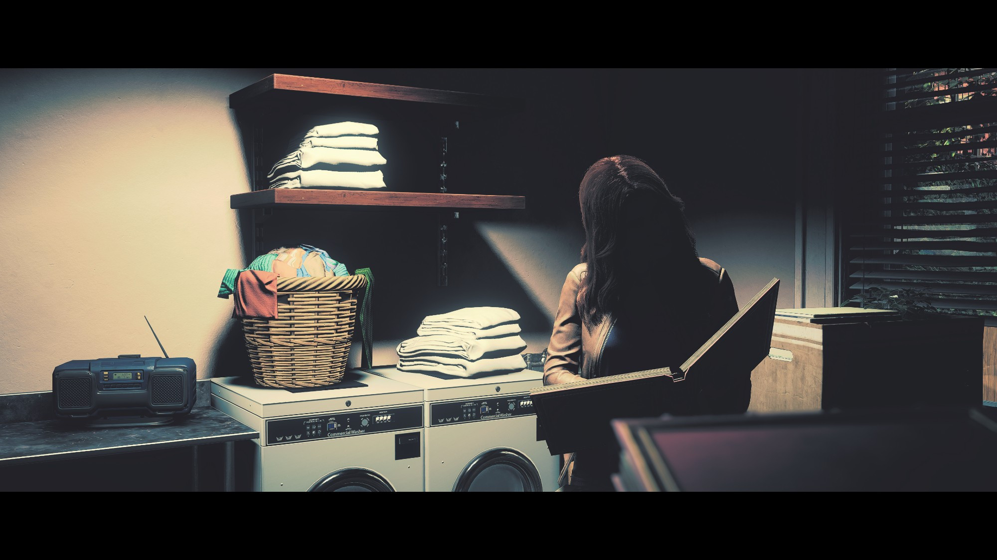 Mary Jane stands in the Laundry Room of Aunt May's house, viewing a photo album belonging to May and Ben. MJ's face is obscured by shadow, an out of focus photo album is present in the near field