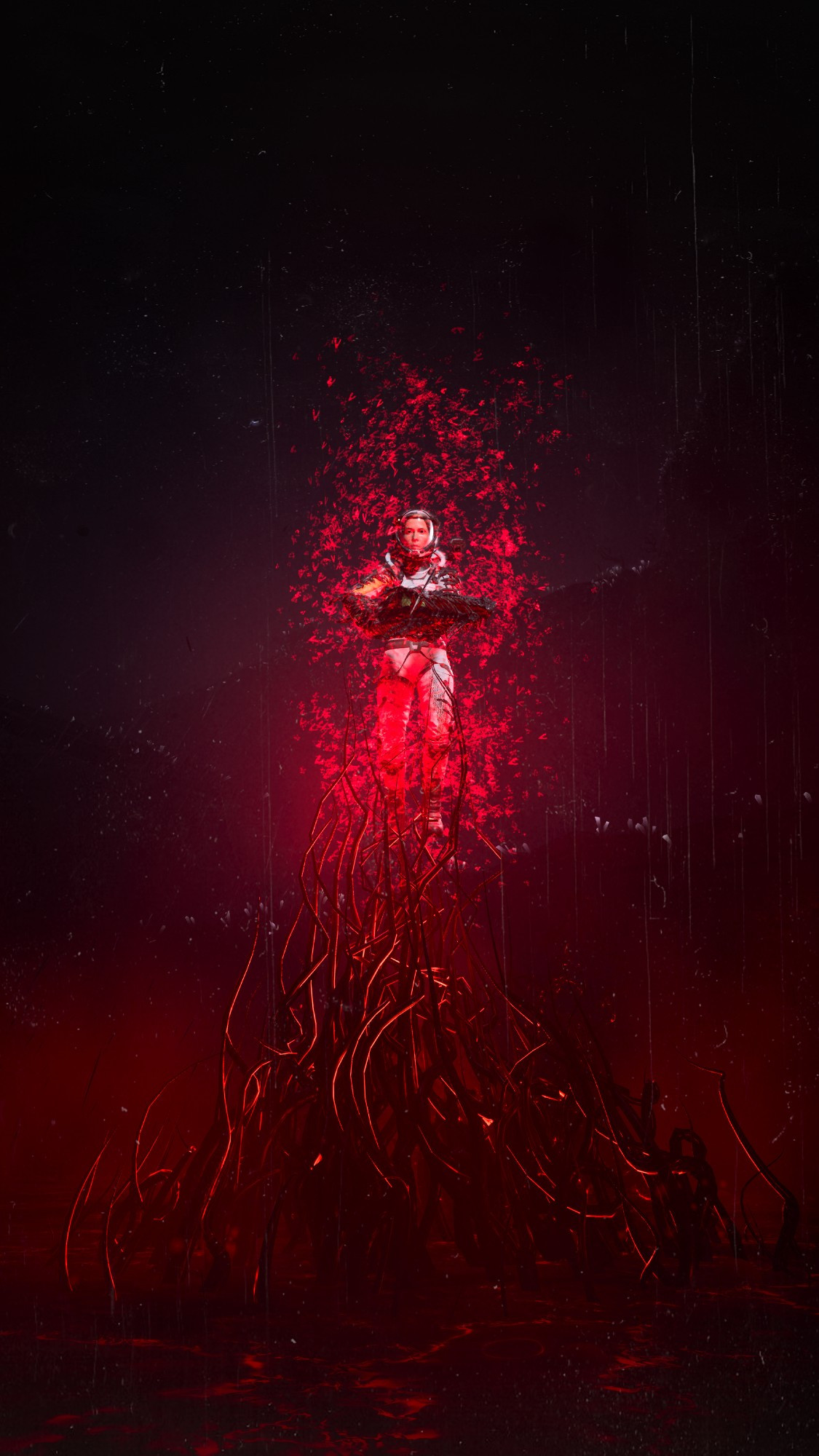 Virtual Photography capture from Returnal. The image is in a portrait orientation, with the main character Selene in the center, mid-air. She is surrounded by a red mist, and tentacles are emerging from the ground below, attempting to pull her down.

The tentacles are lit by the red light around Selene which extends to either side of the tentacles in a fog. Above Selene is empty space that rapidly fades to black.