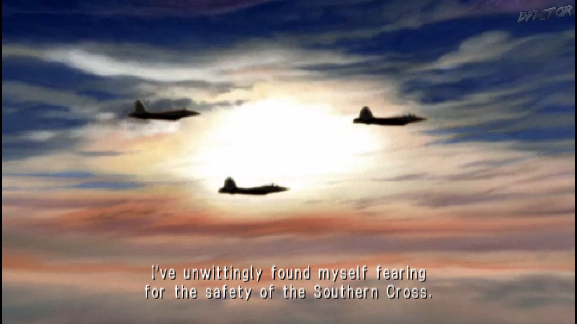 Ace Combat X: Skies of Deception PSP video game screenshot.
Text: "I've unwittingly found myself fearing for the safety of the Southern Cross."
FMV sequence of a still shot of the Gryphus squadron consisting of 3 aircraft outlines against cloudy, twilight sun.