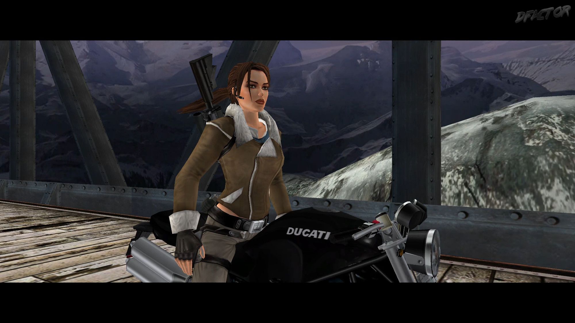 Tomb Raider: Legend PC video game screenshot.
Lara riding on a Ducati Monster while being on top of a cargo train. It's winter and the time of day looks like twilight.