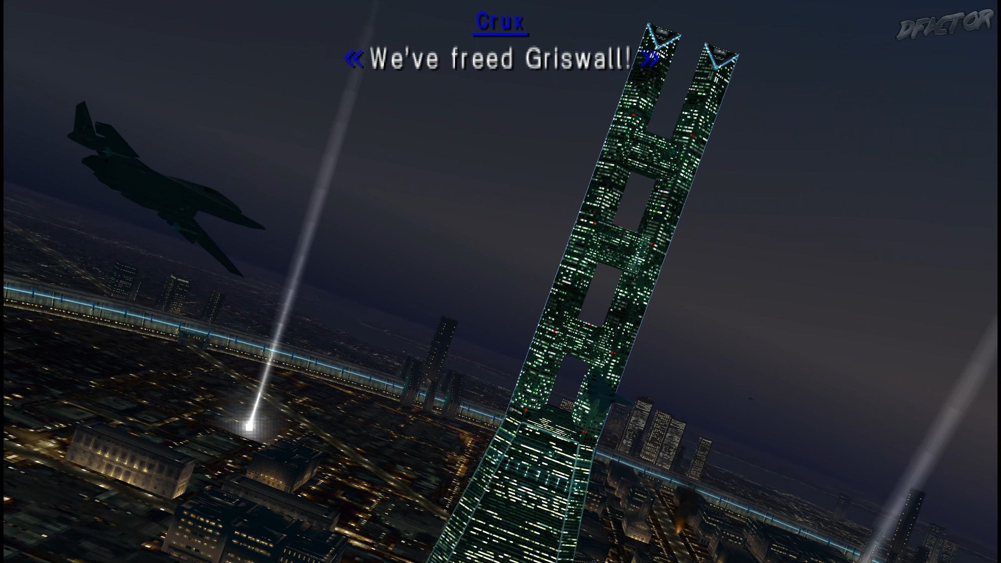 Ace Combat X: Skies of Deception PSP video game screenshot.
Text: "Crux: We've freed Griswall!"
Gryphus 1 in CARIBURN aircraft, flying over Griswall, past the Gaiuss Tower at night. City lights and flood lights are visible.