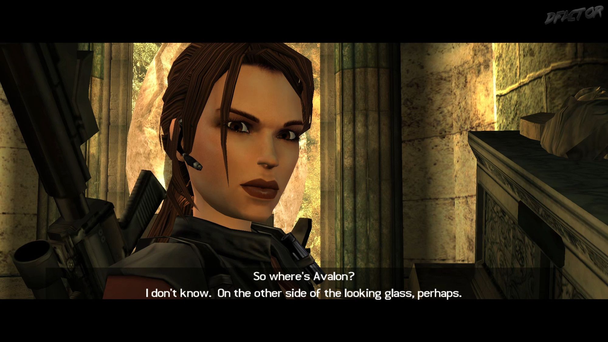 Tomb Raider: Legend PC video game screenshot.
Text: "So where's Avalon?
I don't know. On the other side of the looking glass, perhaps."
Close-up of Lara in her biker jacket in a tomb. The tomb is illuminated by a golden shine.