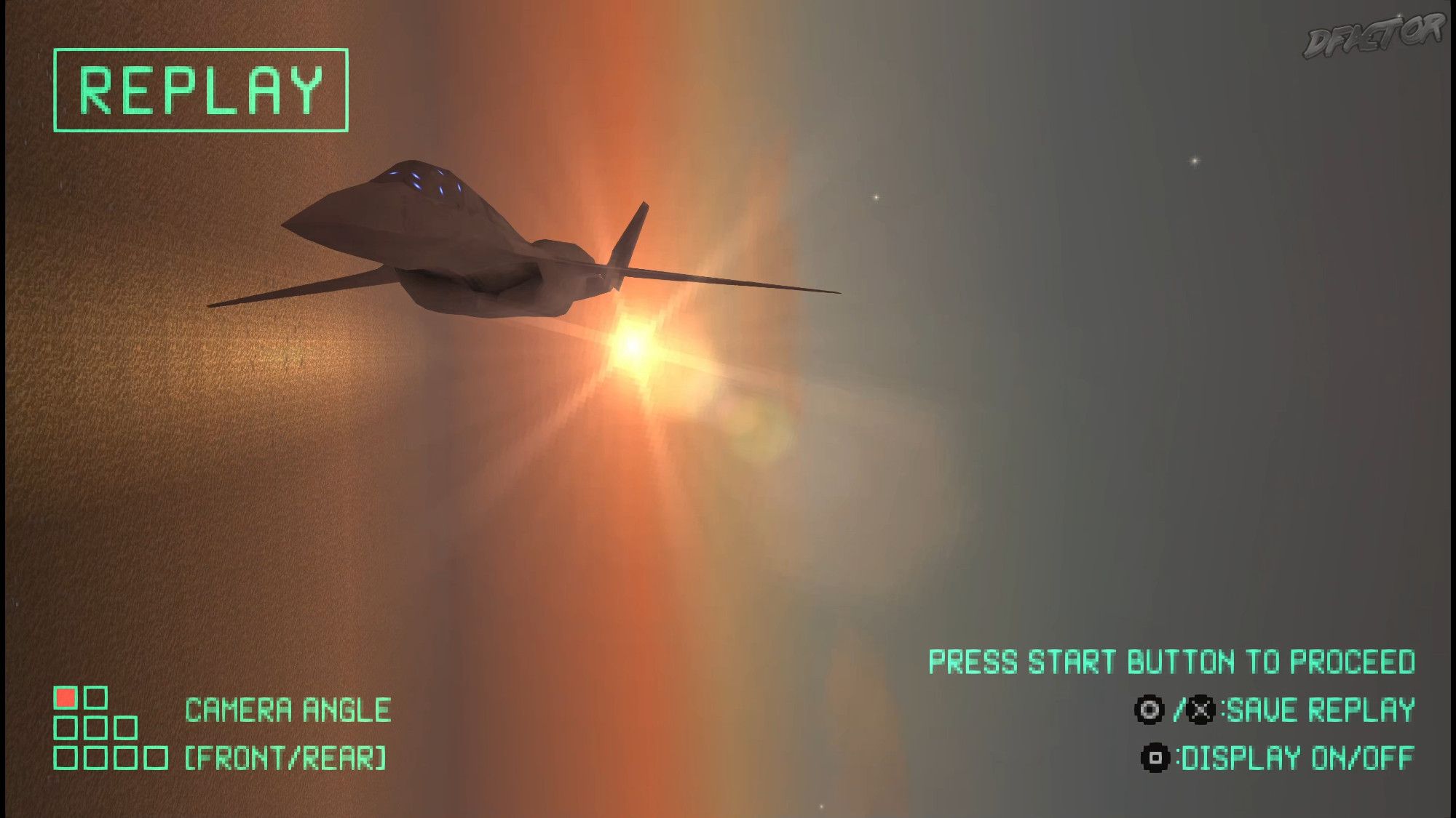 Ace Combat X: Skies of Deception PSP video game screenshot.
Text: "REPLAY
CAMERA ANGLE [FRONT/REAR]
PRESS START BUTTON TO PROCEED
(Circle/ Cross): SAVE REPLAY
(Square): DISPLAY ON/OFF"
Gryphus 1 in FORNEUS aircraft, approaching the enemy from the sun's direction. The skyline is twilight orange with grey skies.