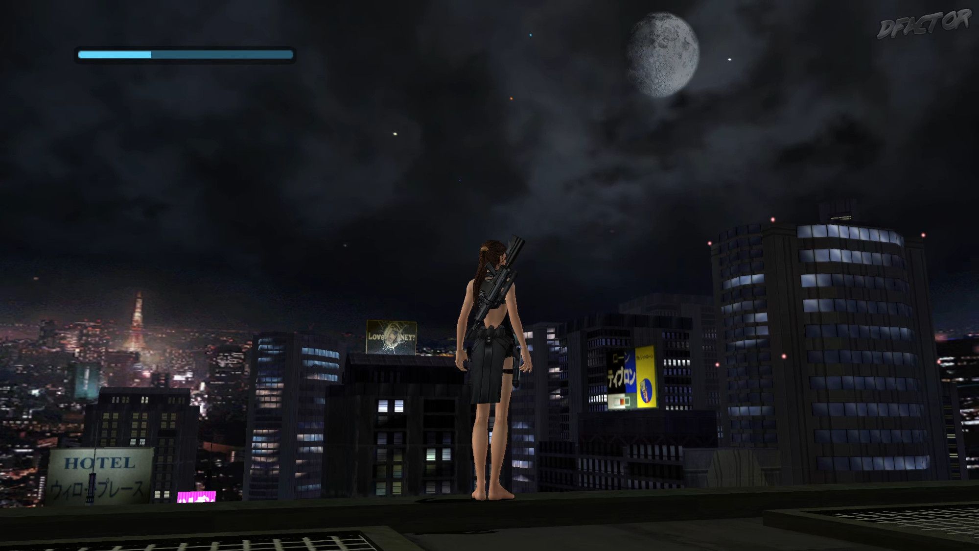 Tomb Raider: Legend PC video game screenshot.
Lara is on a rooftop somewhere in Japan, likely in Tokyo due to the visible TV tower. It's nighttime and the moon is visible. There's a lot of shiny bright lights coming all the way from the city. Despite the light pollution, some stars are visible.