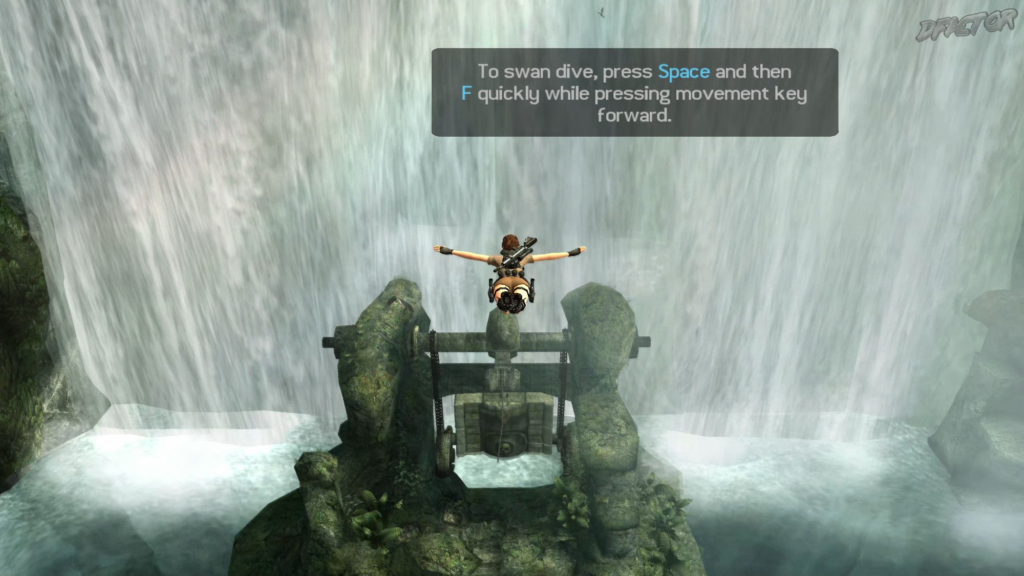 Tomb Raider: Legend PC video game screenshot.
Text: "To swan dive, press Space and then
F quickly while pressing movement key
forward."
Lara is swan diving in front of a giant waterfall in Ghana. Ruins down below at the surface level are visible.