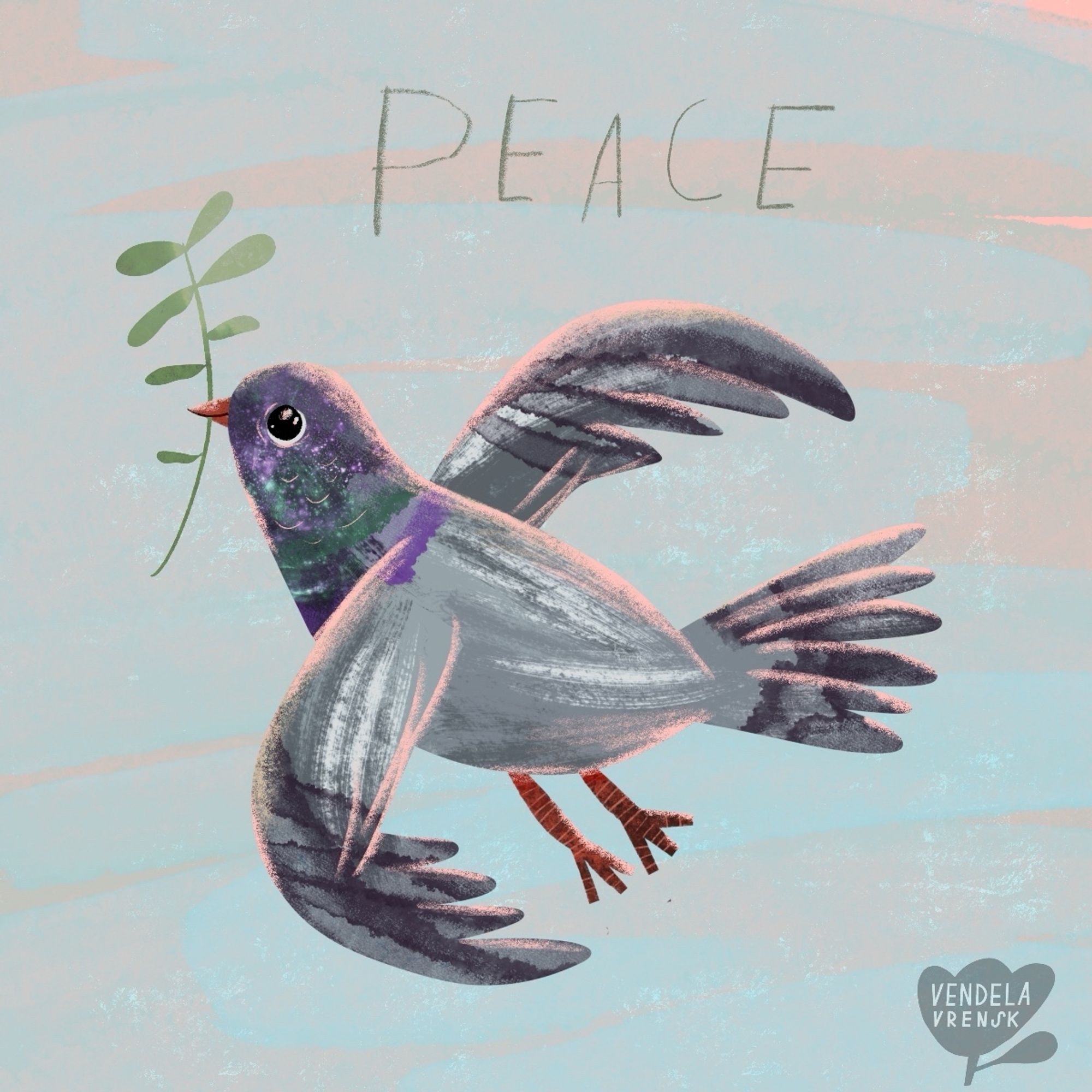 A grey dove that almost looks like a pigeon with a little olive branch in its peak, and above it, and above it in thin pencil the word peace. An illustration made by Vendela Vrensk .