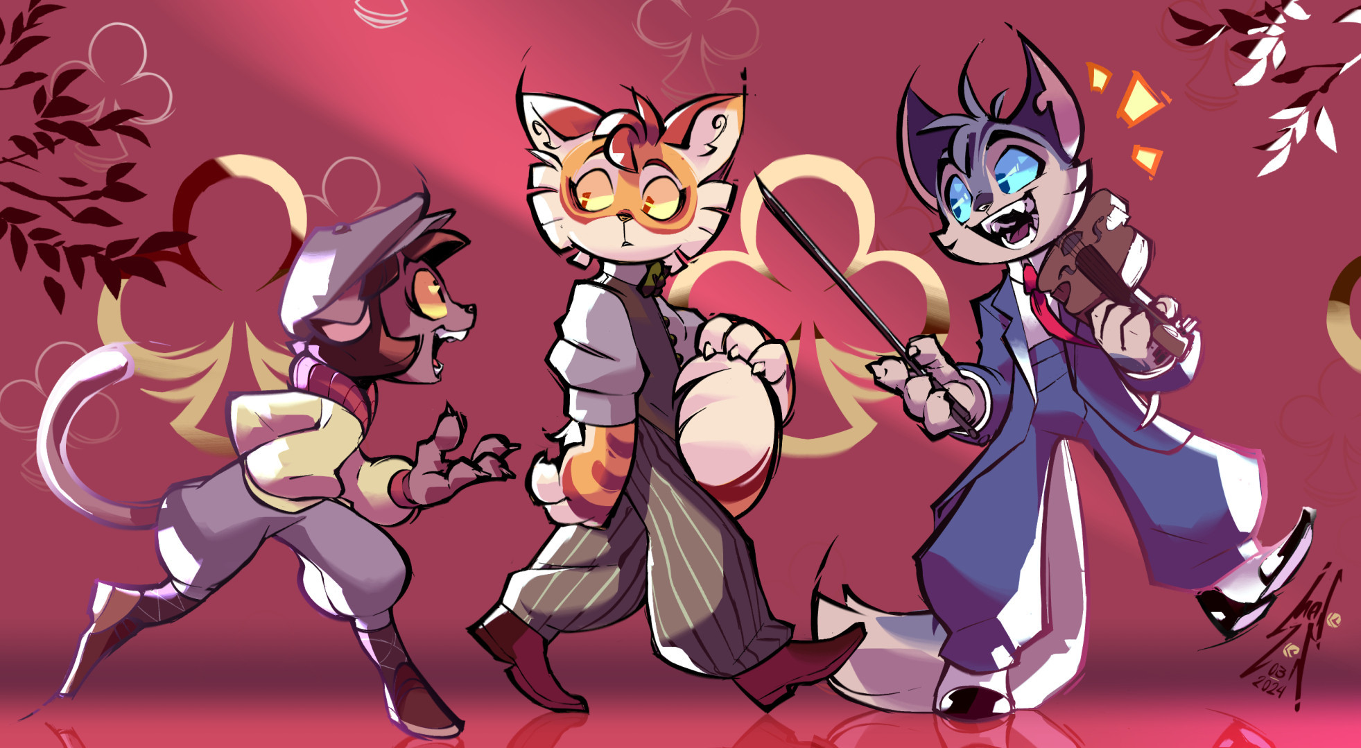 Colorful fanart depicting a trio of cartoony cats next to each other (Ivy, Freckle and Rocky from Lackadaisy). Ivy is casually talking with Rocky, who  seems pretty excited. Freckle looks at Ivy kinda confused.