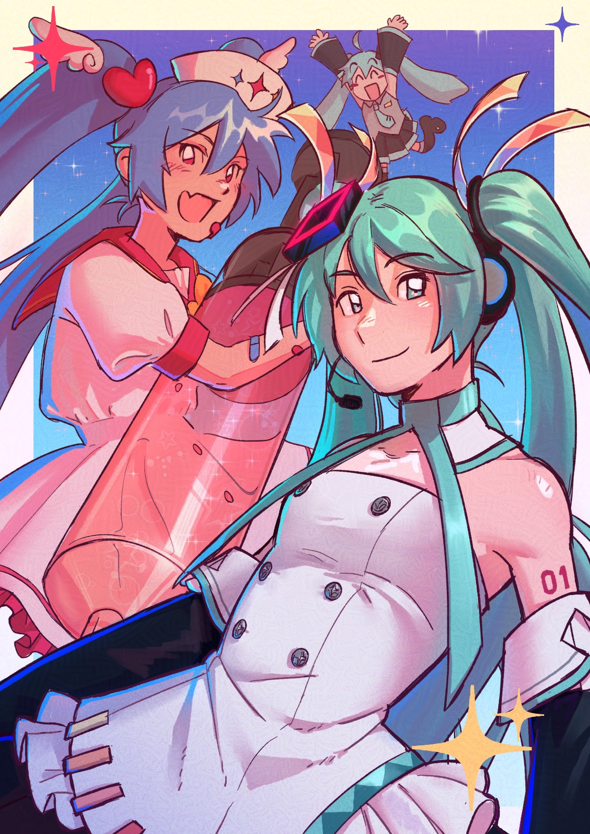 on a starry blue background are three mikus. the distant miku is in her original tie and pleated skirt outfit smiling widely with her arms in the air. in the midground is miku from the song magical cure love shot by sawtowne. she is holding a large syringe with sparkling pink liquid. in the foreground is miku from intergalactic bound by yunosuke and circusp. she is standing at a three-quarters view with a gentle grin. this art was to commemorate my first time going to miku expo in the spring of 2024 smile