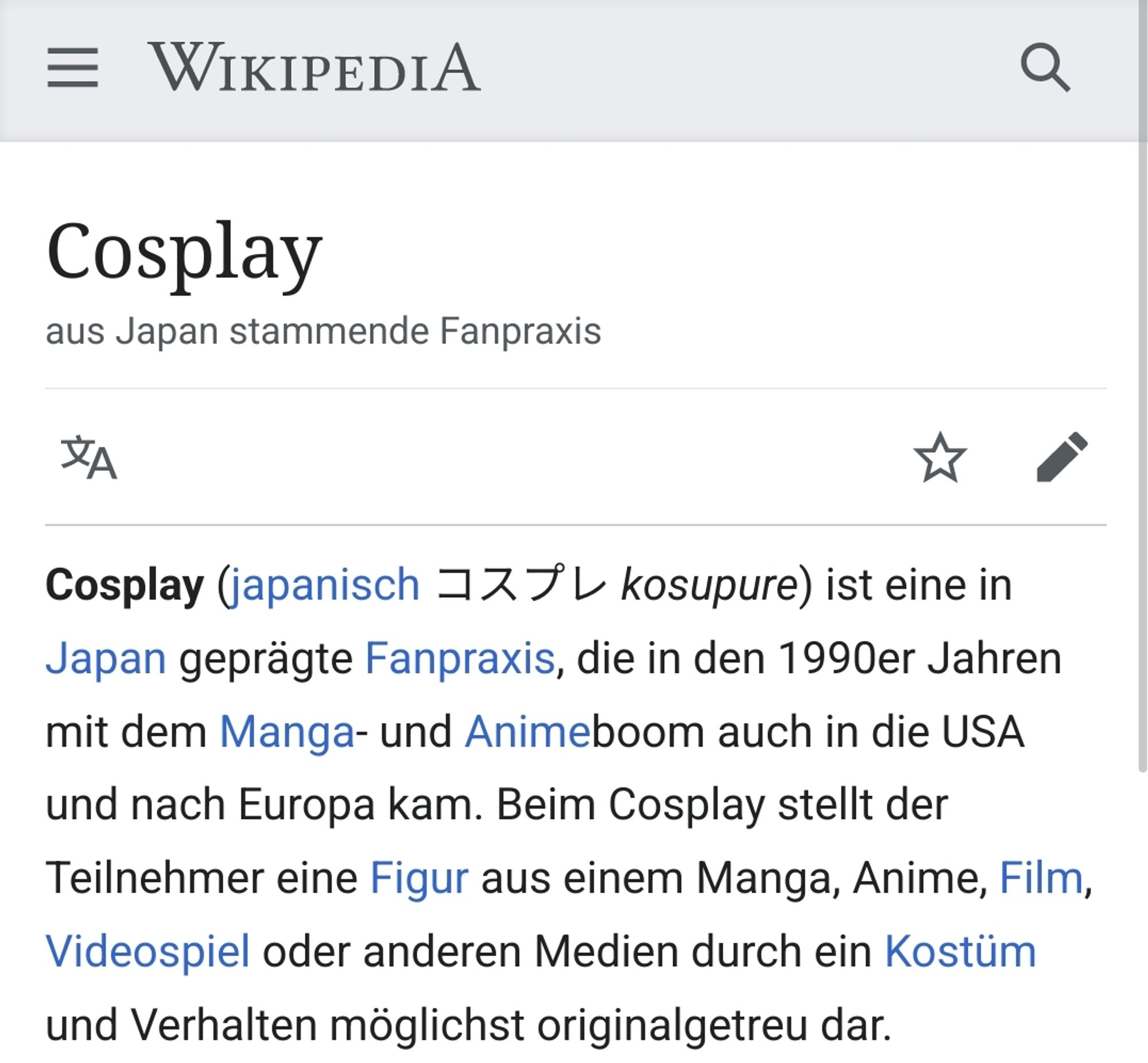 Wikipedia:
Cospay, aus Japan stammende Fanpraxis. 
Cosplay (japanisch コスプレ kosupure) ist eine in Japan geprägte Fanpraxis, die in den 1990er Jahren mit dem Manga- und Animeboom auch in die USA und nach Europa kam. Beim Cosplay stellt der Teilnehmer eine Figur aus einem Manga, Anime, Film, Videospiel oder anderen Medien durch ein Kostüm und Verhalten möglichst originalgetreu dar.