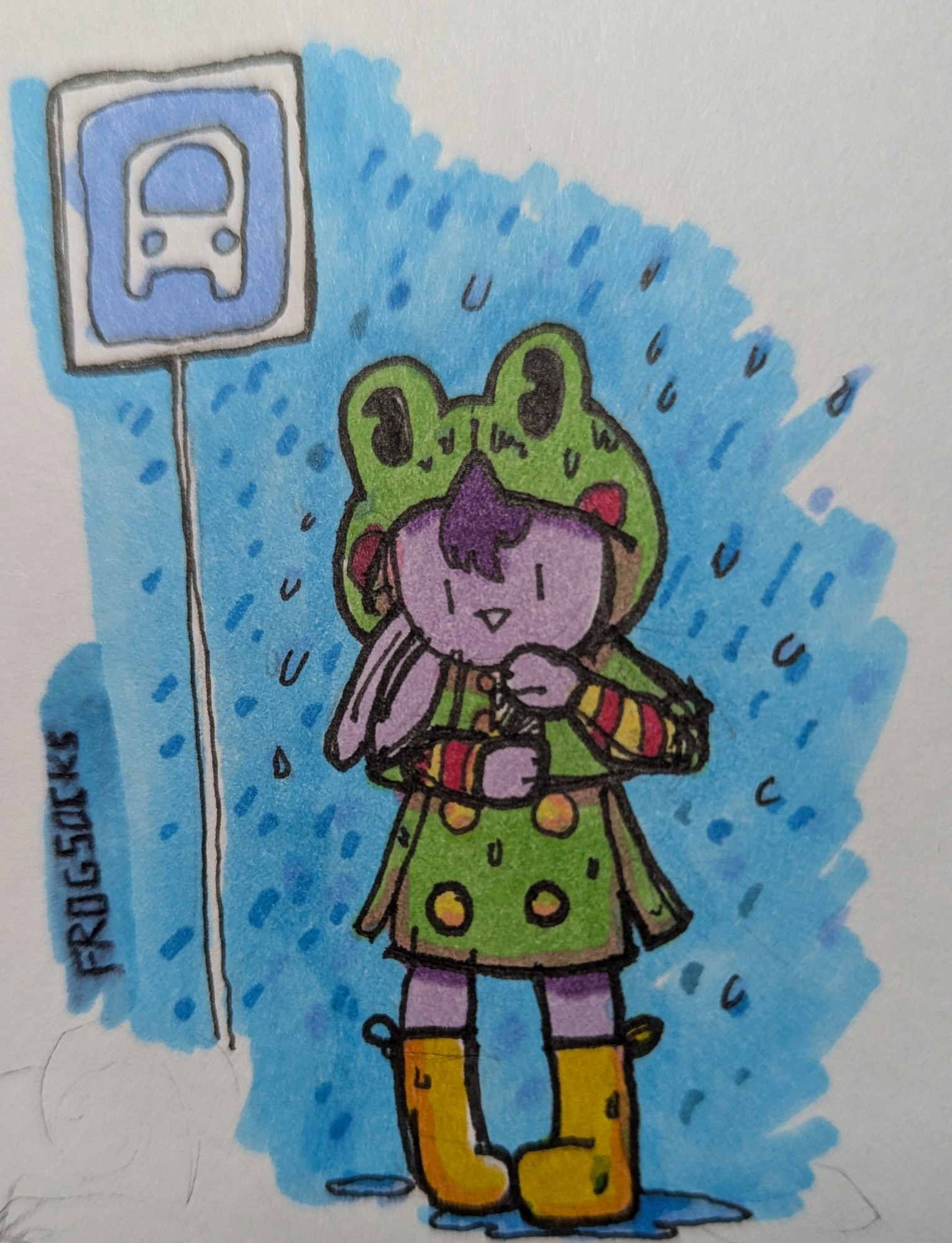 A purple bunny in a frog raincoat checking the bus time on her phone.