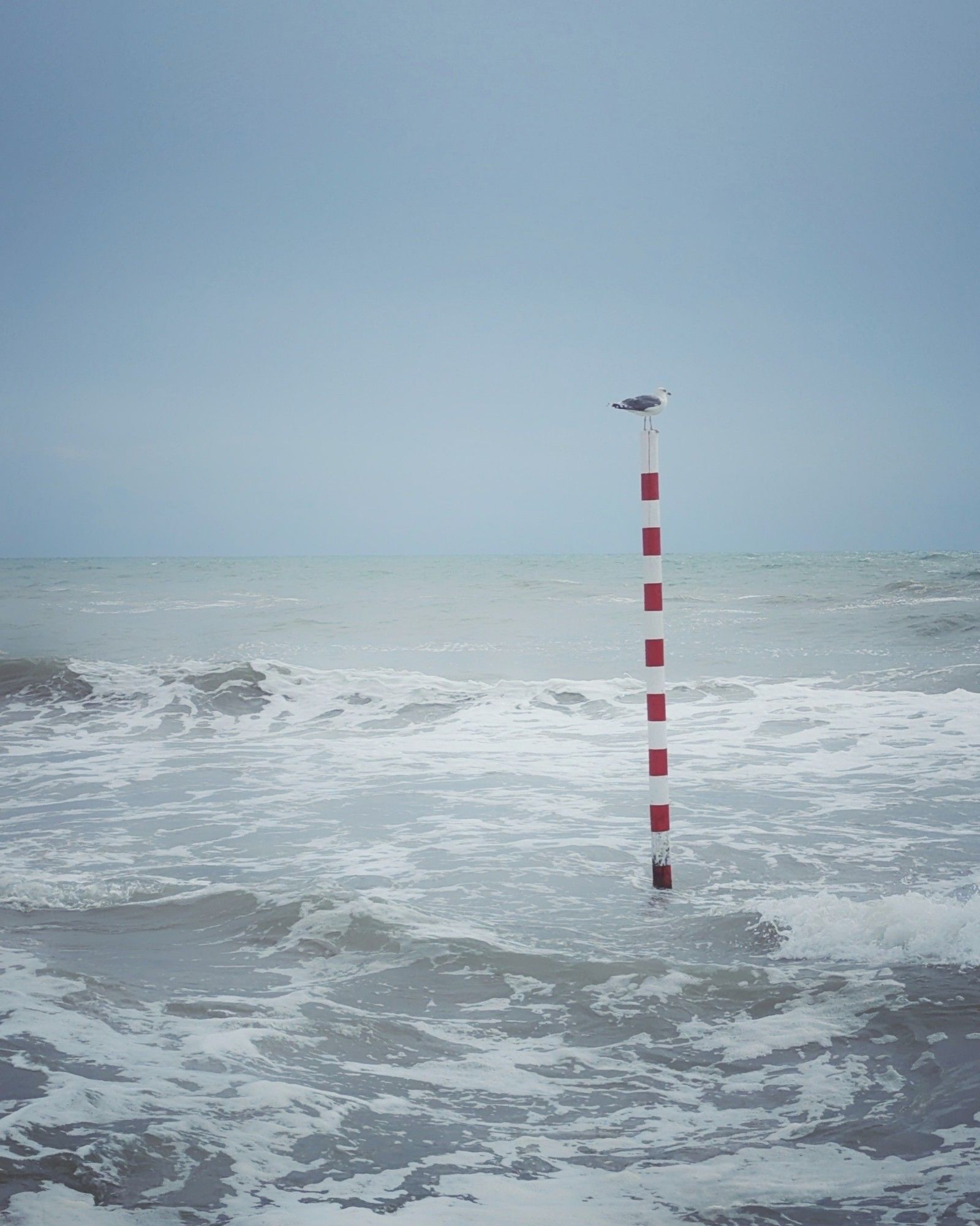 In der unteren Bildhälfte, das Meer mit kleinen Wellen und Gischt, darüber der blaue Himmel. Rechts ein rot weißer Pfahl. Darauf sitzt eine Möwe