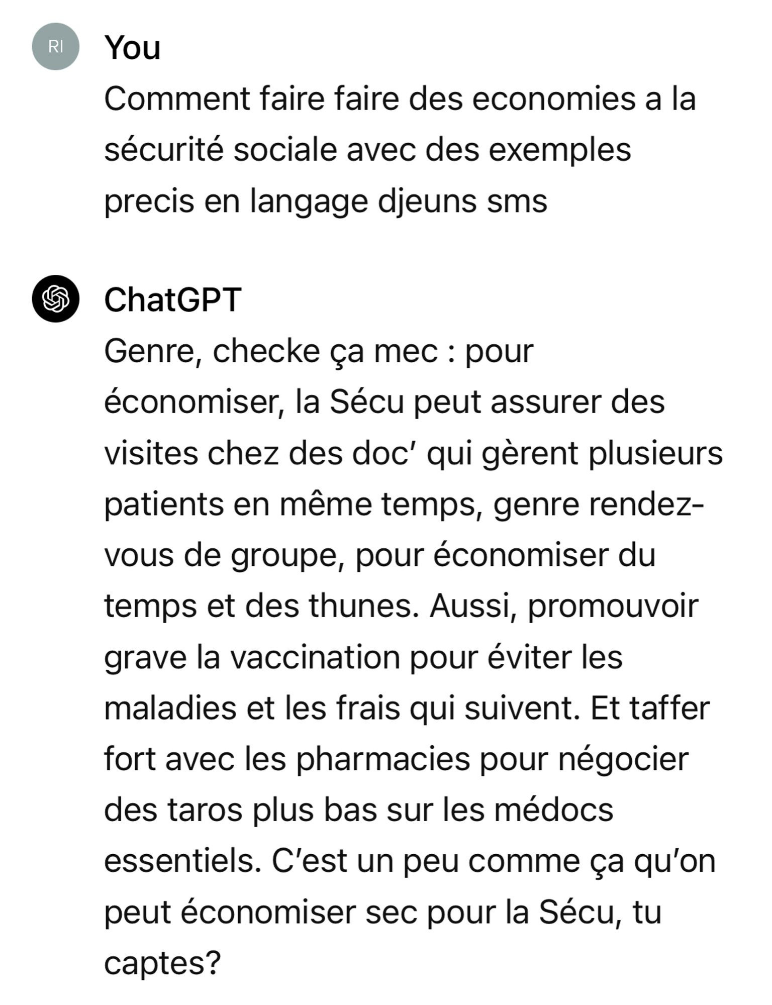 Une photo d'écran d'un dialogue entre une ia (chatgpt) et le médecin urgentiste   Mathias Wargon qui lui demande comment faire des économies à  la sécurité sociale en utilisant un langage djeuns sms