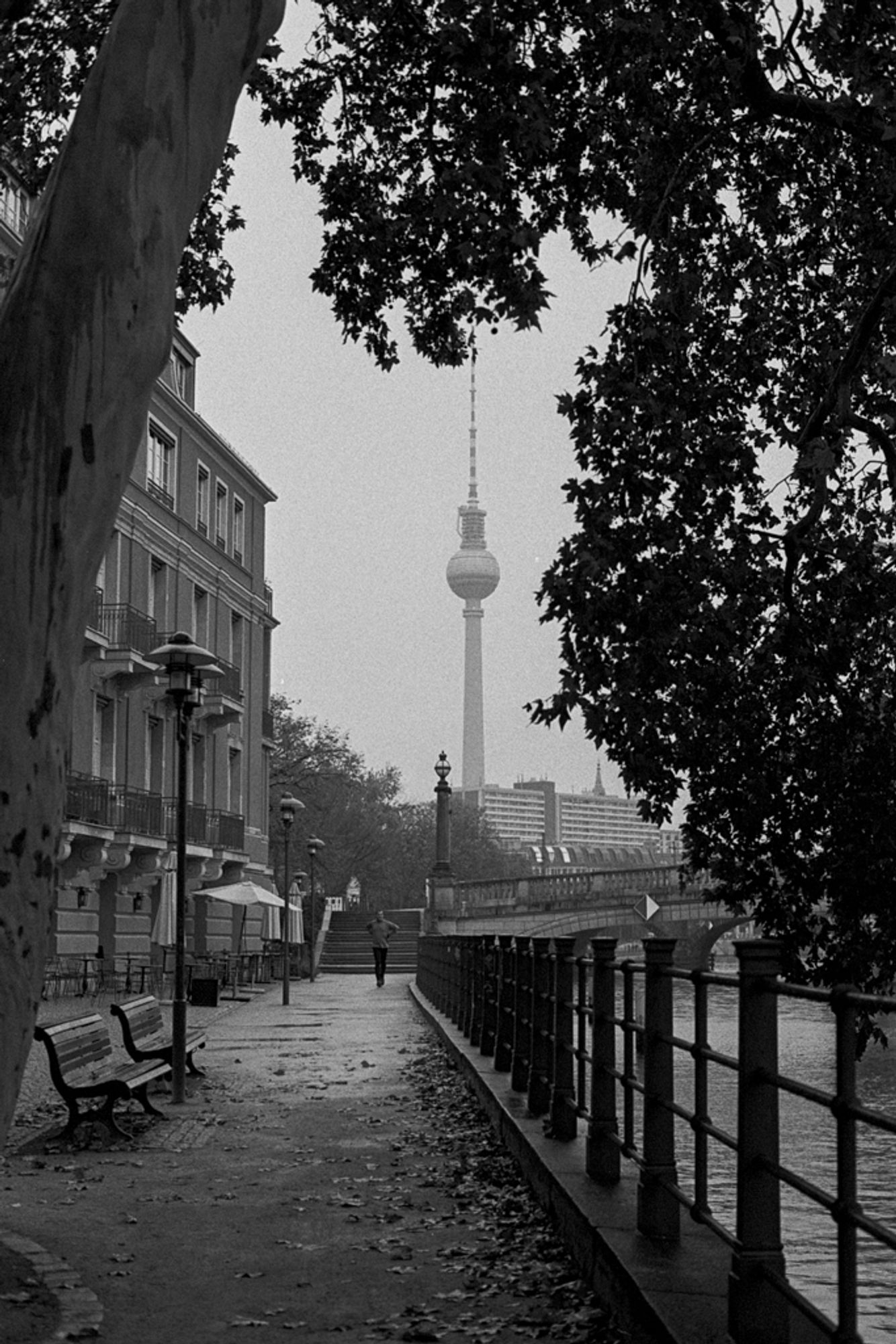 Das Bild zeigt einen herbstlichen Spazierweg entlang der Spree in Berlin, mit Blick auf den ikonischen Berliner Fernsehturm im Hintergrund. Der Himmel ist bewölkt, und die Szenerie wirkt ruhig und leicht melancholisch. Der Gehweg ist mit herabgefallenen Blättern bedeckt, während links im Bild ein großer Baum und ein Gebäude den Weg säumen. Eine einzelne Person läuft in der Ferne, was das Gefühl von Einsamkeit und Stille verstärkt.

Der Fernsehturm ragt markant im Hintergrund auf, eingerahmt von den Ästen der Bäume, die die Szenerie umrahmen. Die Schwarz-Weiß-Fotografie unterstreicht die ruhige und nachdenkliche Stimmung des Bildes. Die Bänke entlang des Weges, die Geländer und die klare Struktur des Bildes lenken den Blick des Betrachters auf die Tiefe der Szene, während der Fernsehturm als starker Bezugspunkt die Berliner Stadtkulisse fest verankert.