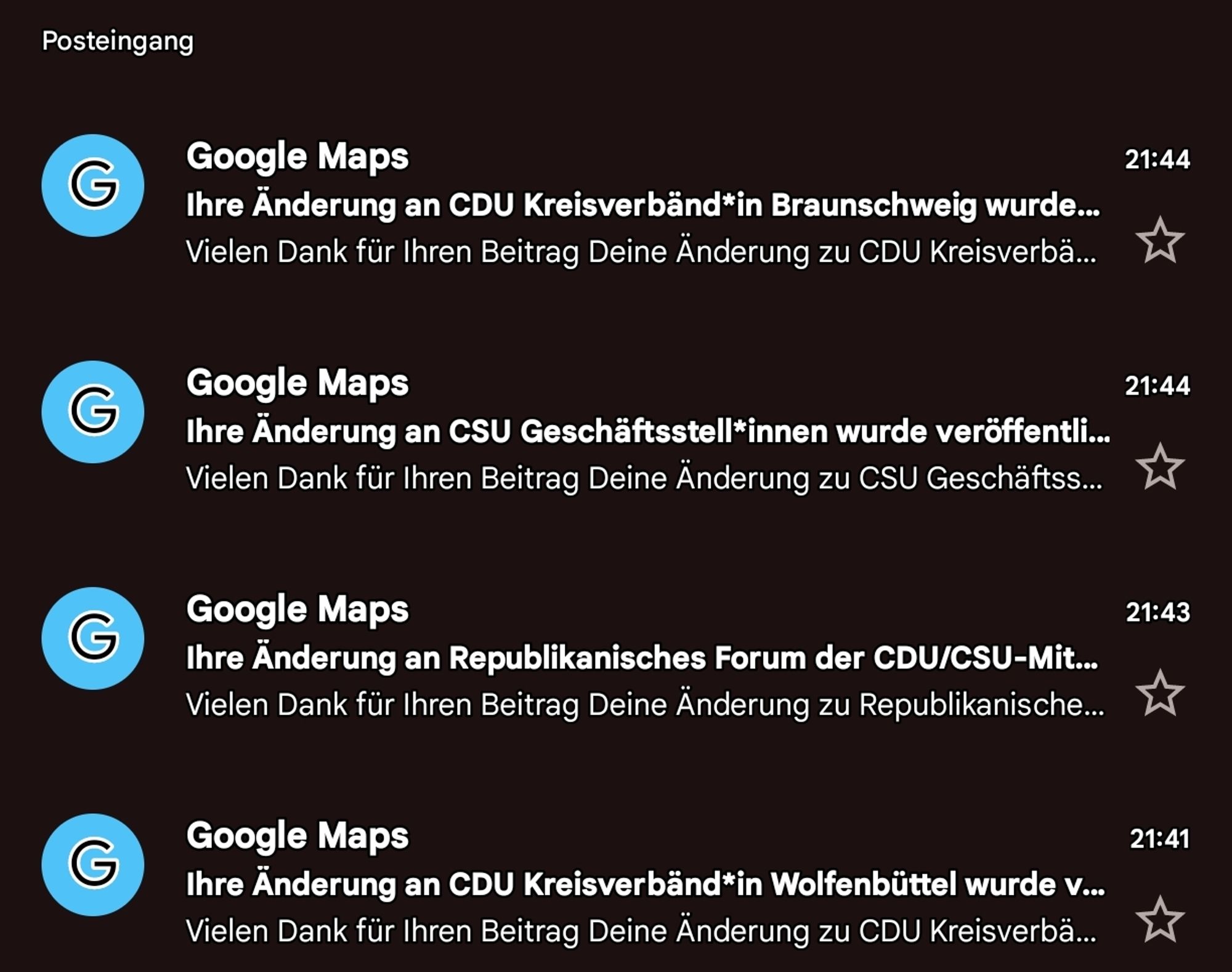 Vier Mails von Google Maps, Änderungen diverser Geschäftsstellen und Verbände auf die Endung *innen.