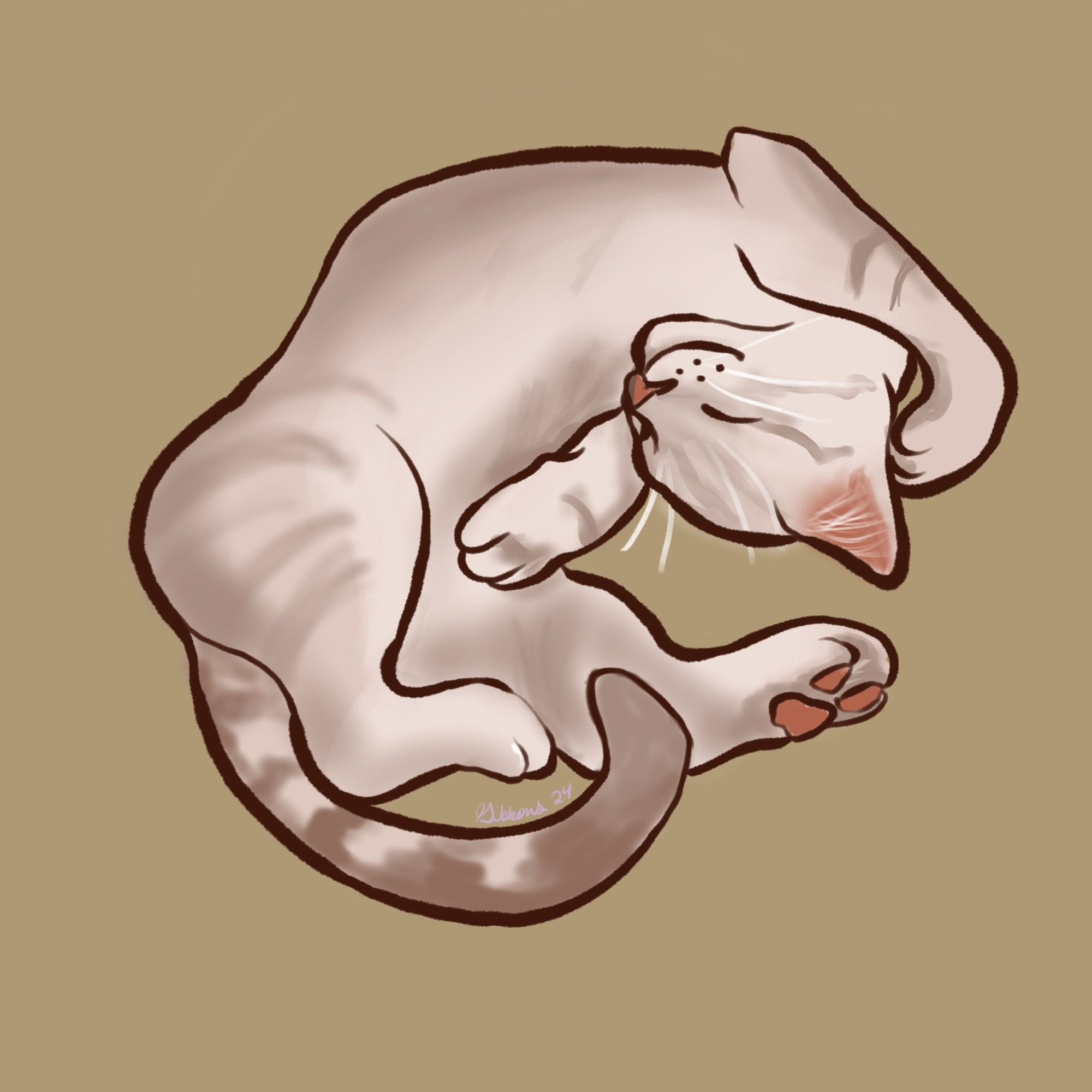 Digital art of a Siamese tabby kitten in a silly position on a gold background