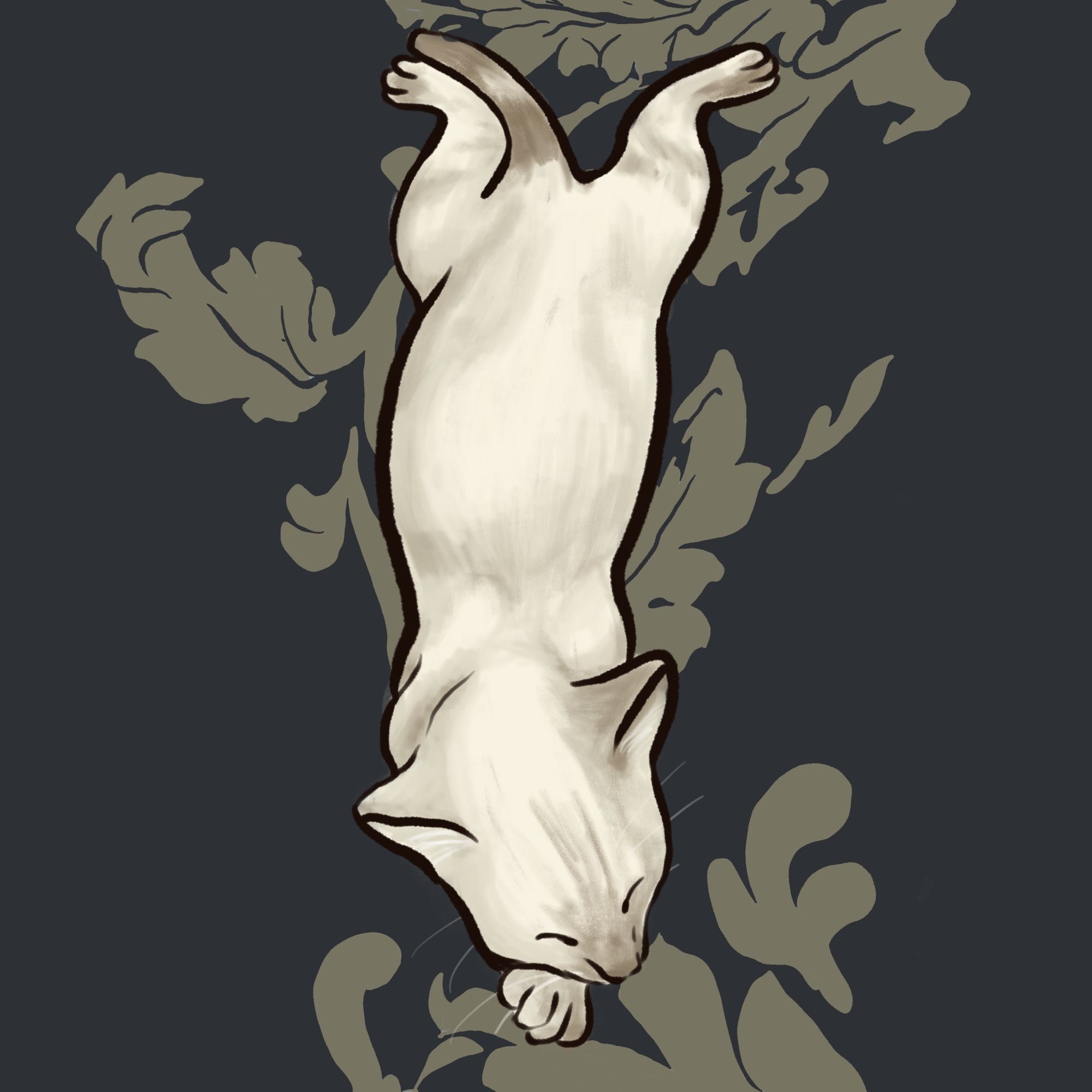 Digital art of a Siamese tabby kitten splooting on an ornate black and gold comforter.