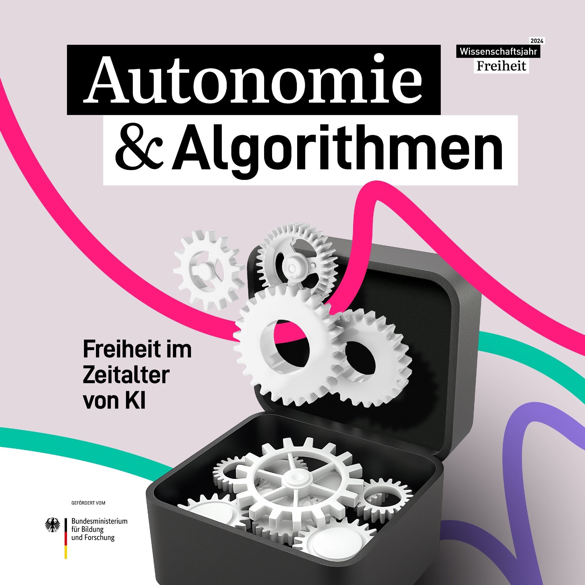 Das Podcast-Cover von Autonomie und Algorithmen. Zu sehen ist eine schwarze Box, in der weiße Zahnräder sind.