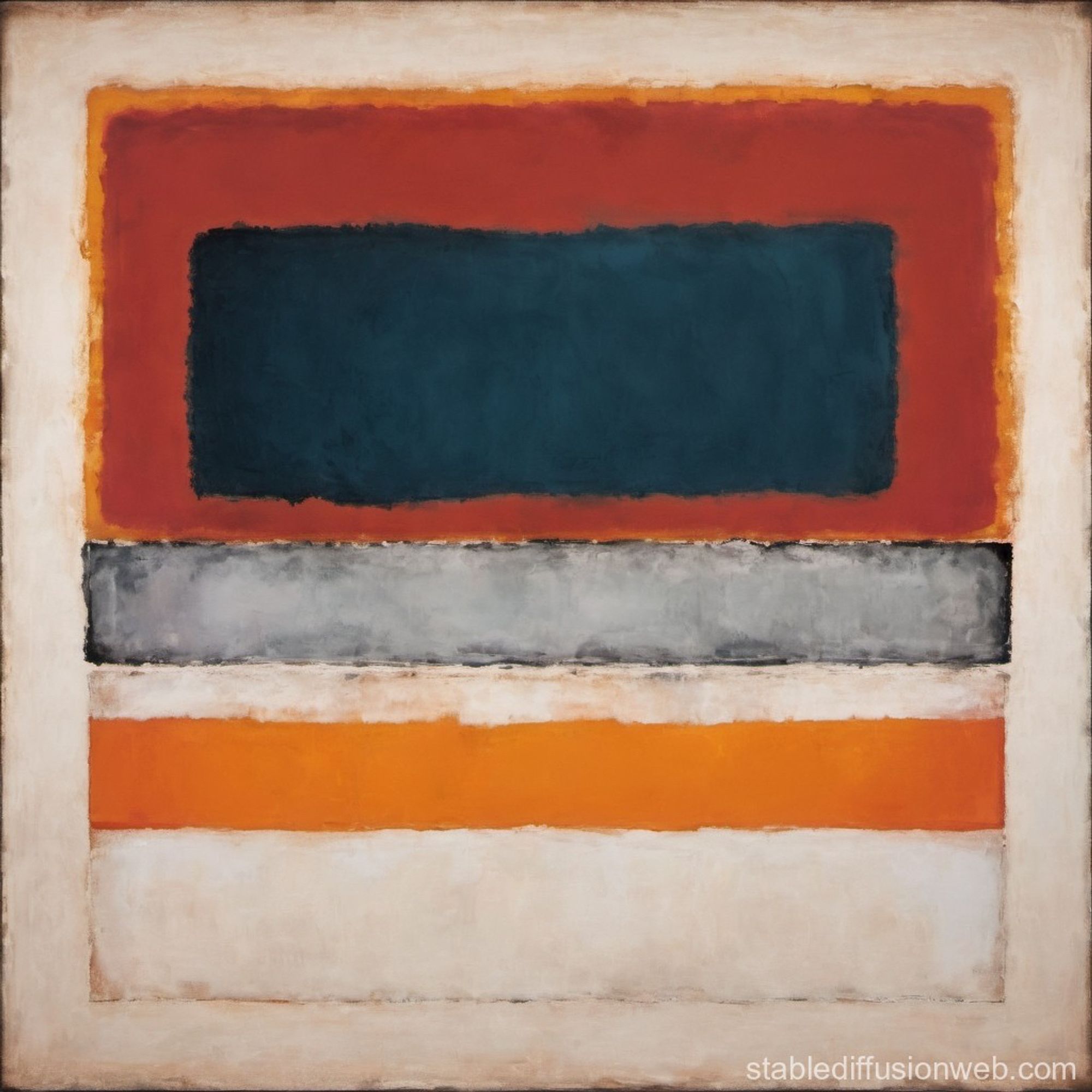 Bild erstellt mit Stable Diffusion. Prompt: "An abstract painting in the style of Mark Rothko". Es besteht aus verschiedenfarbigen Rechtecken und Balken, und zwar orange, rot, weiß und grau.