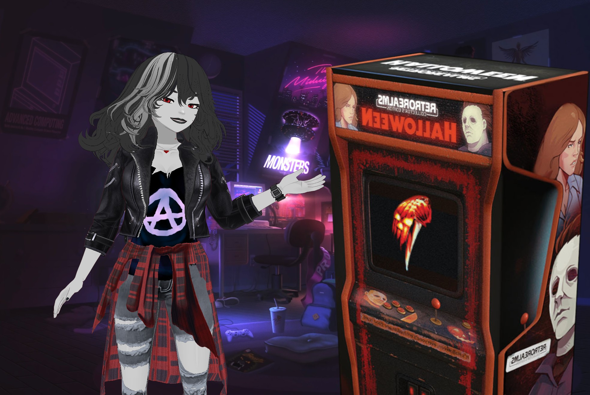 Super lesbian vampire points to a Halloween video game arcade cabinet