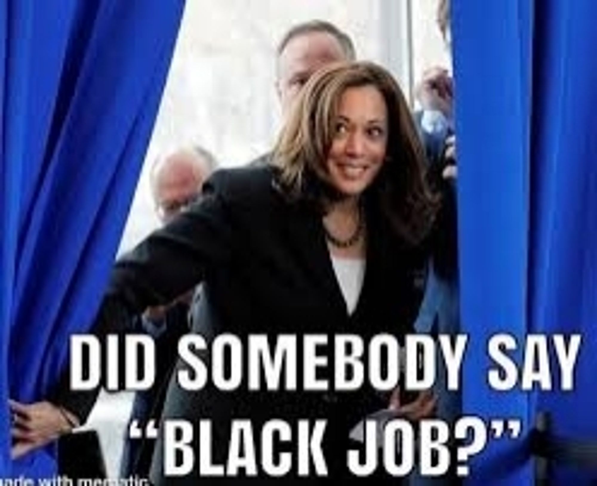 A meme showing a picture of VP Kamala Harris pulling open a curtain with a smile on her face. The caption reads: "Did somebody say 'black job'?"