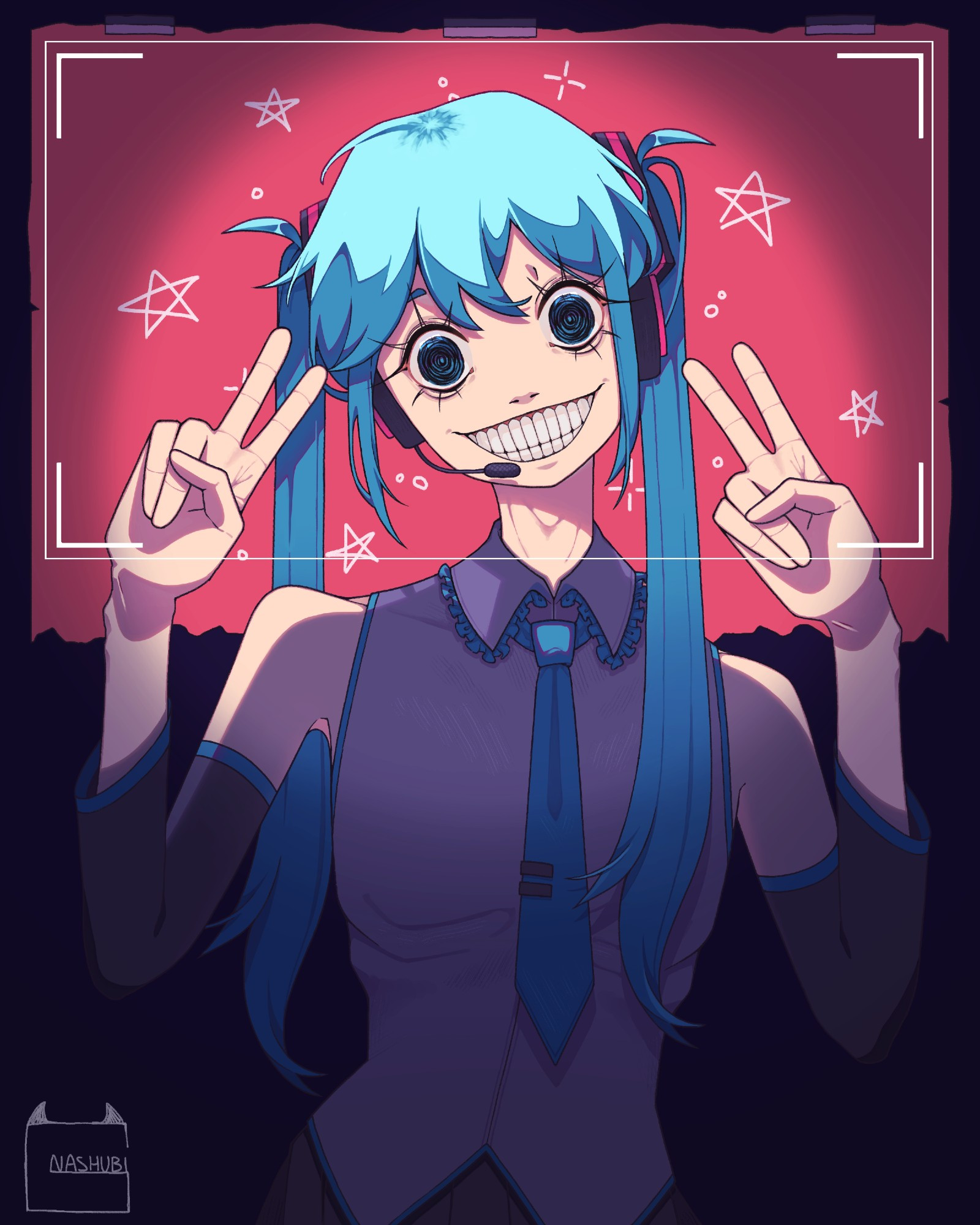 A Disturbed Hatsune Miku staring at the camera with two peace signs, horror image.