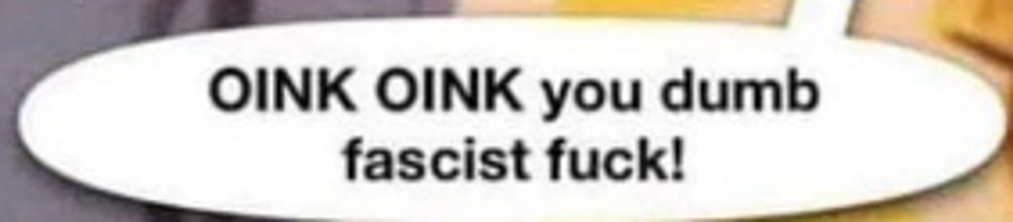 A speech bubble that says "OINK OINK you dumb fascist fuck!"