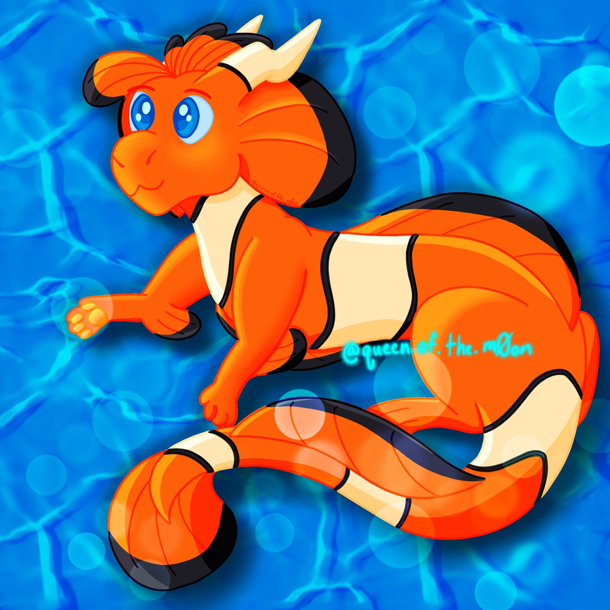 bright orange dragon with clownfish inspired patterns against a blue watery background