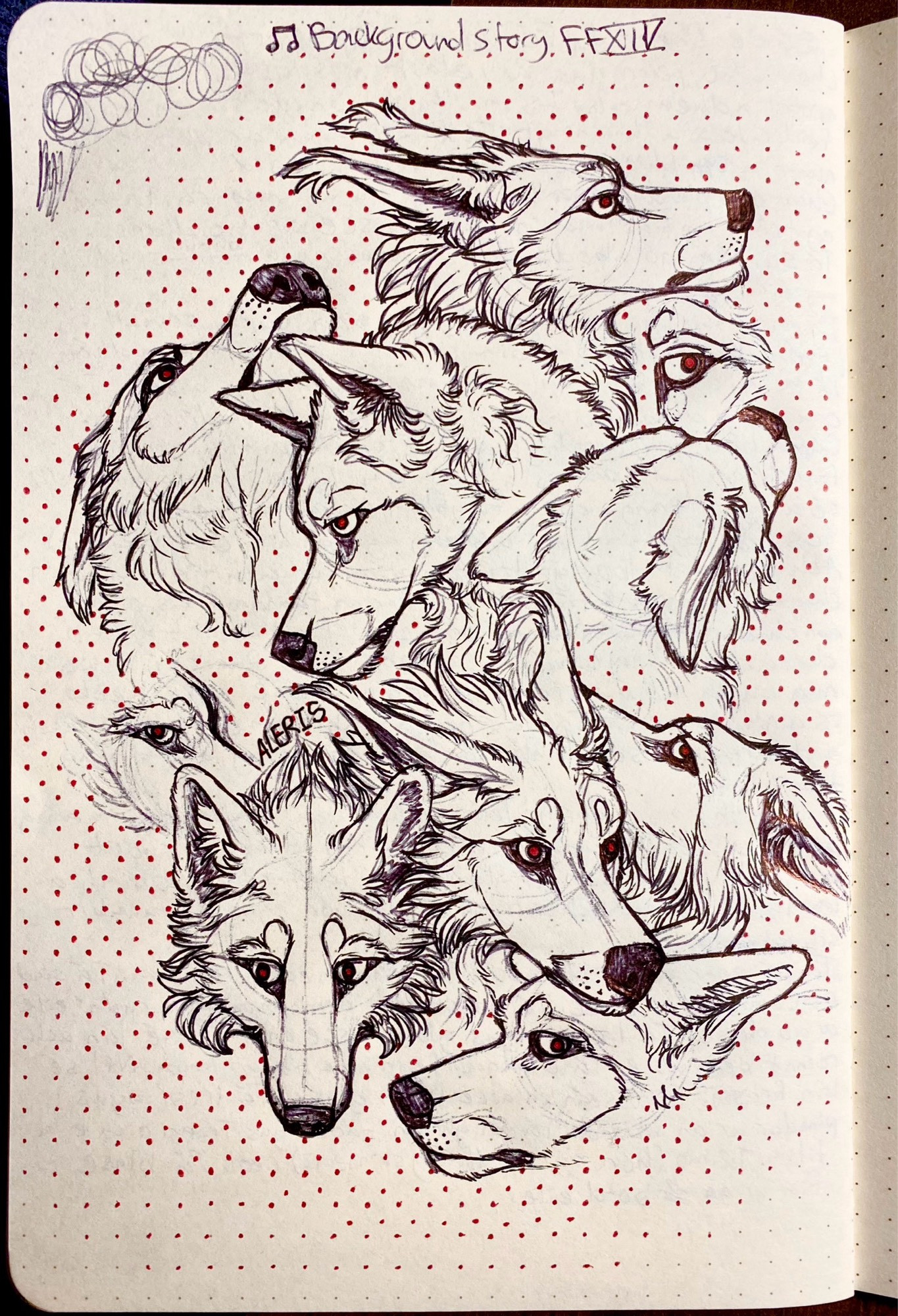 Another black pen drawing, eight canine heads with two partial canine faces with eyes are seen spread across the page, all facing in different directions. They have neutral expressions and are looking in their own directions, ignoring each other despite being tangled in the same place. Their pupils have red centers and the background is lightly covered in red dots in a grid configuration